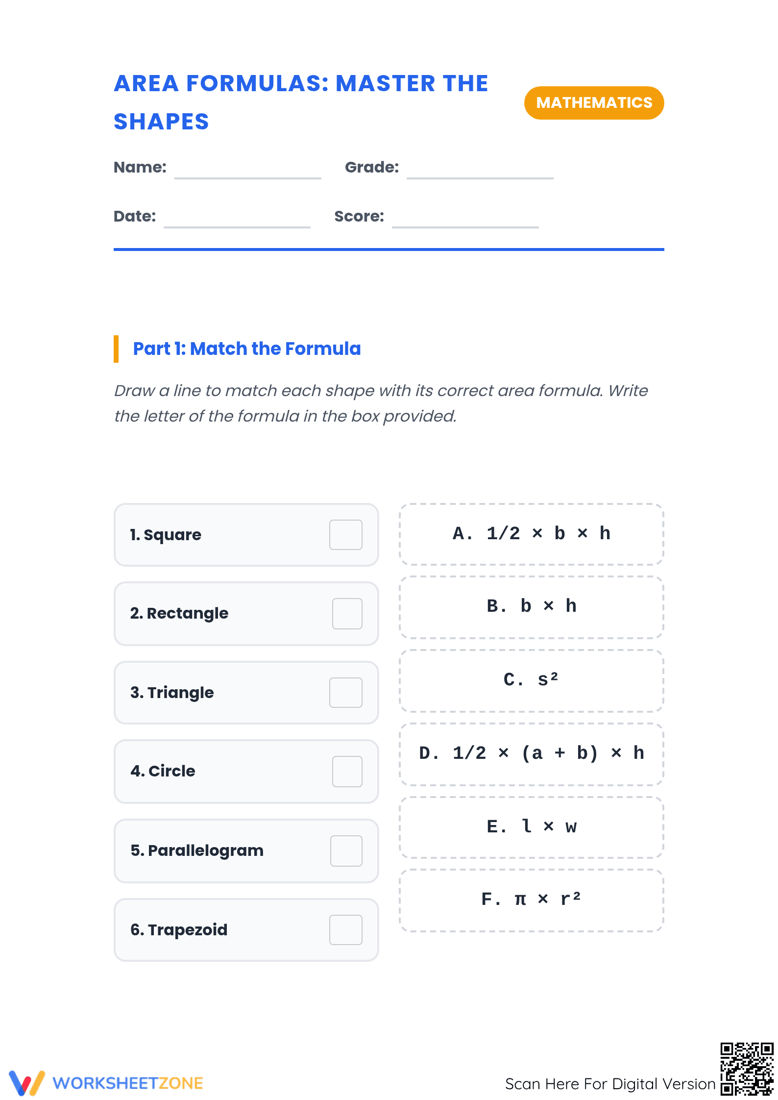 Essential Area Formulas Worksheet | Grades 4-8 Printable - Page 1