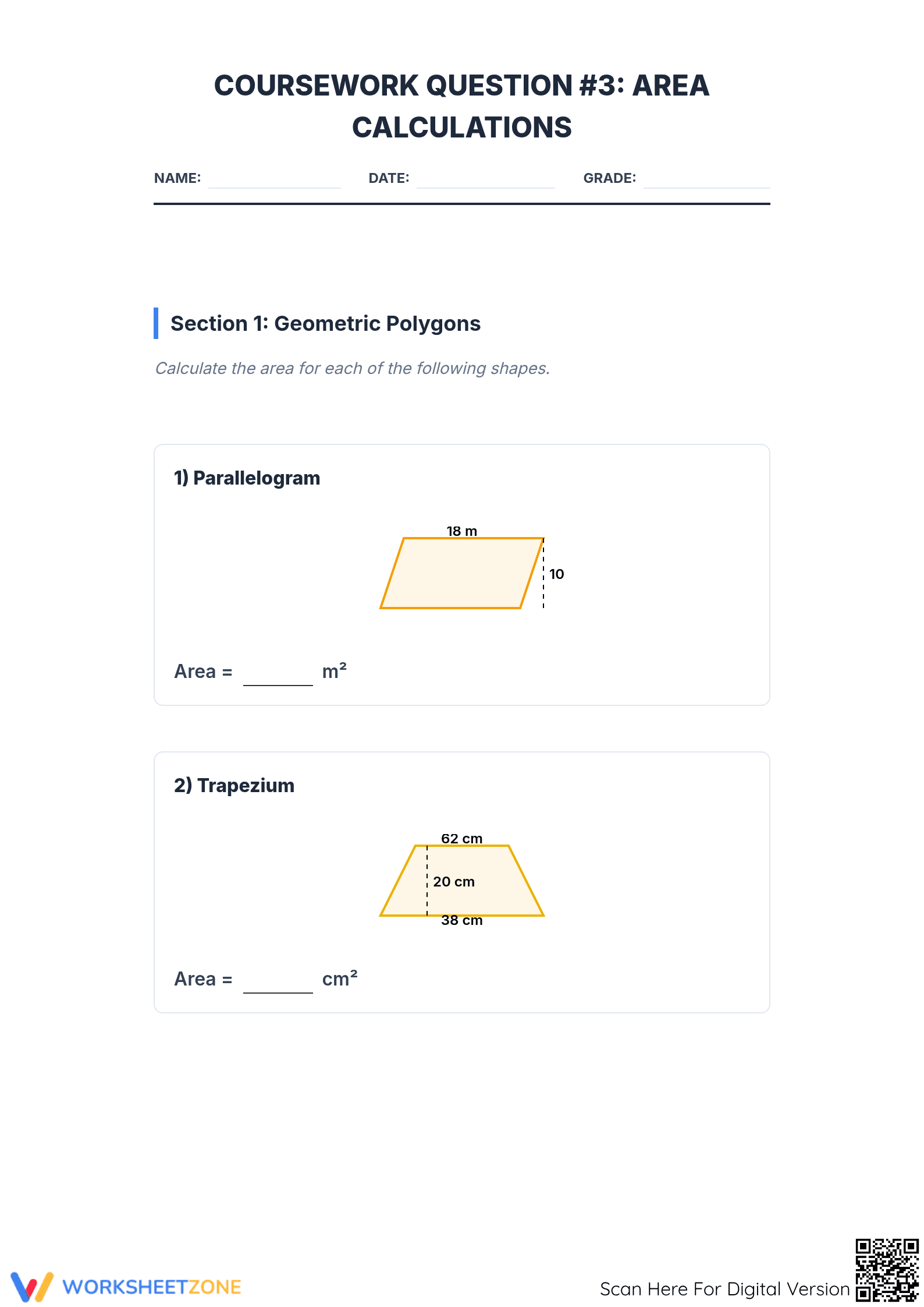 Essential Area Calculations Coursework | High School Math - Page 1