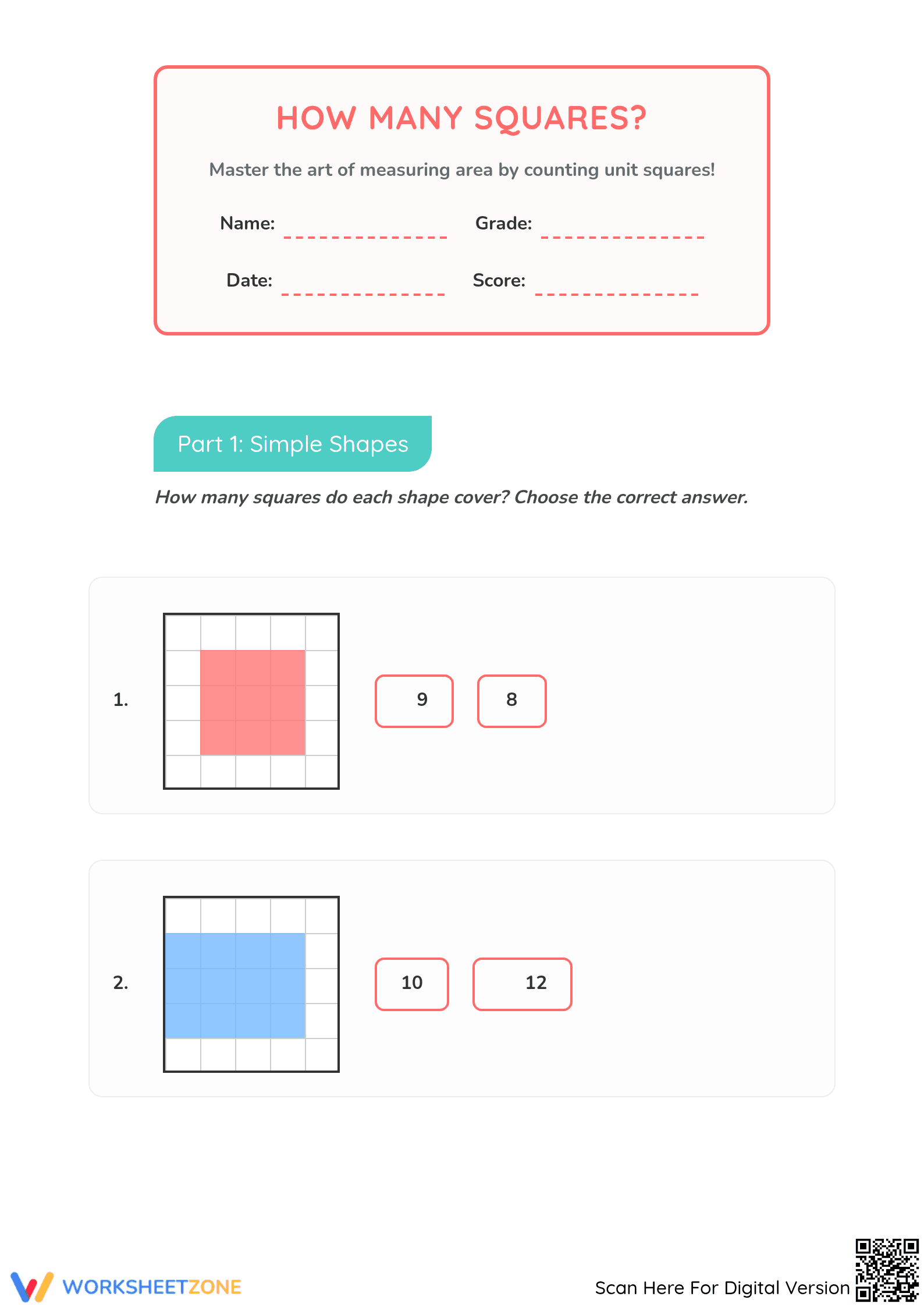 Counting Unit Squares Area Worksheet | Printable Grade 3 - Page 1