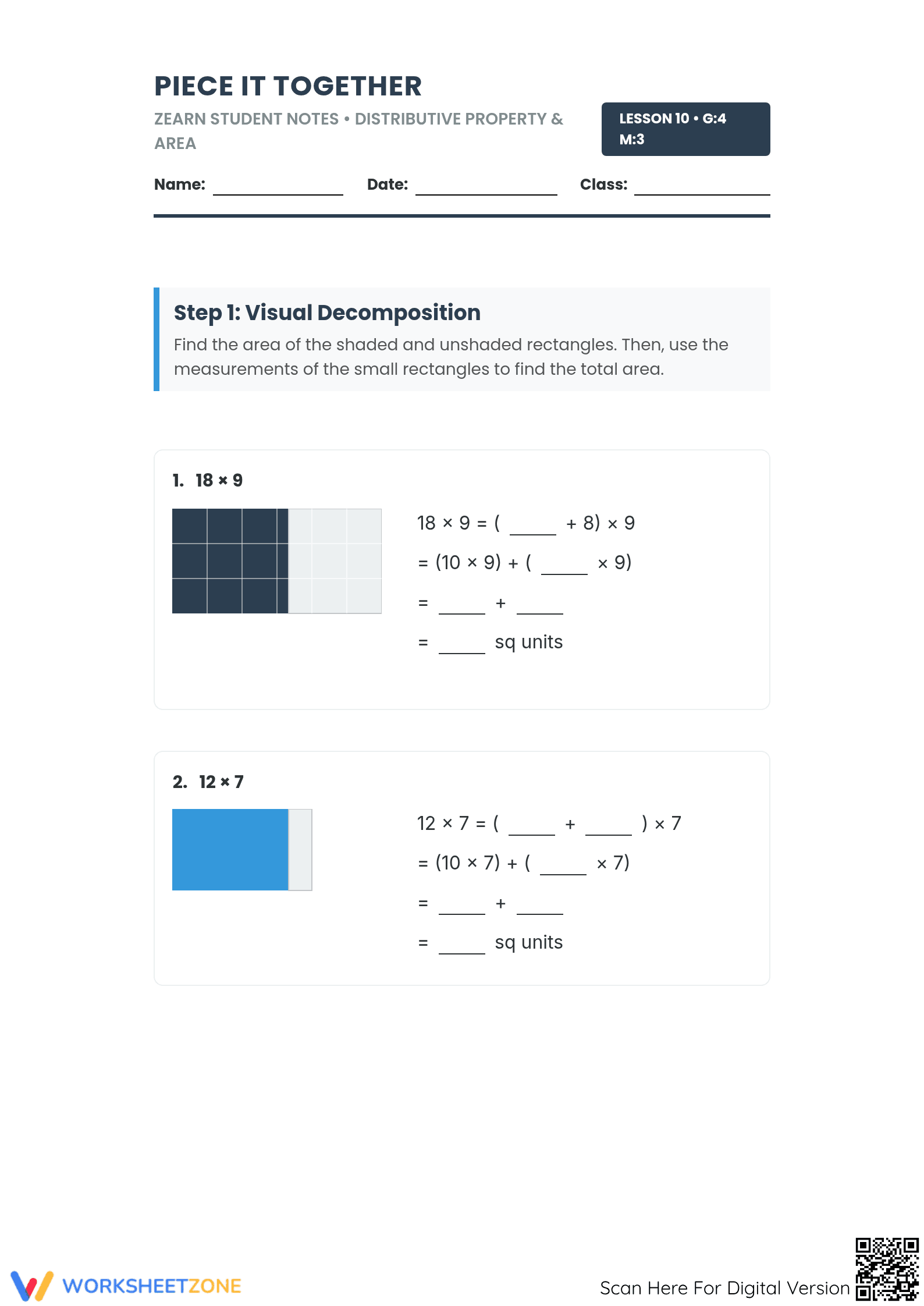 Printable Find Area with Distributive Property Worksheet - Page 1