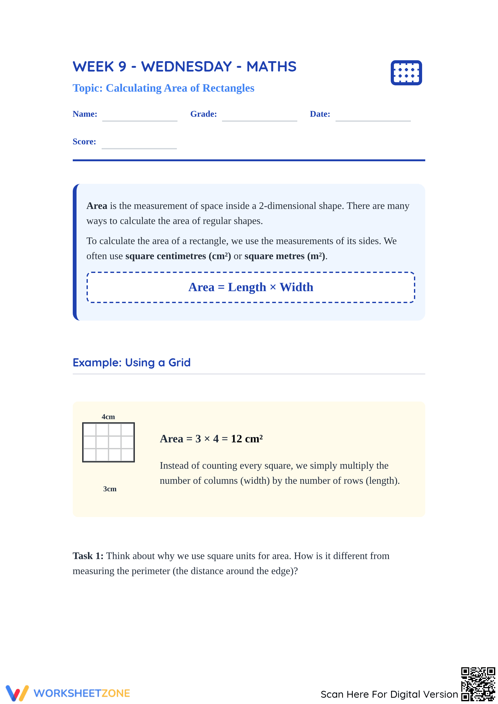 Calculating Area Worksheet: Grade 4 Essential Math Printable - Page 1