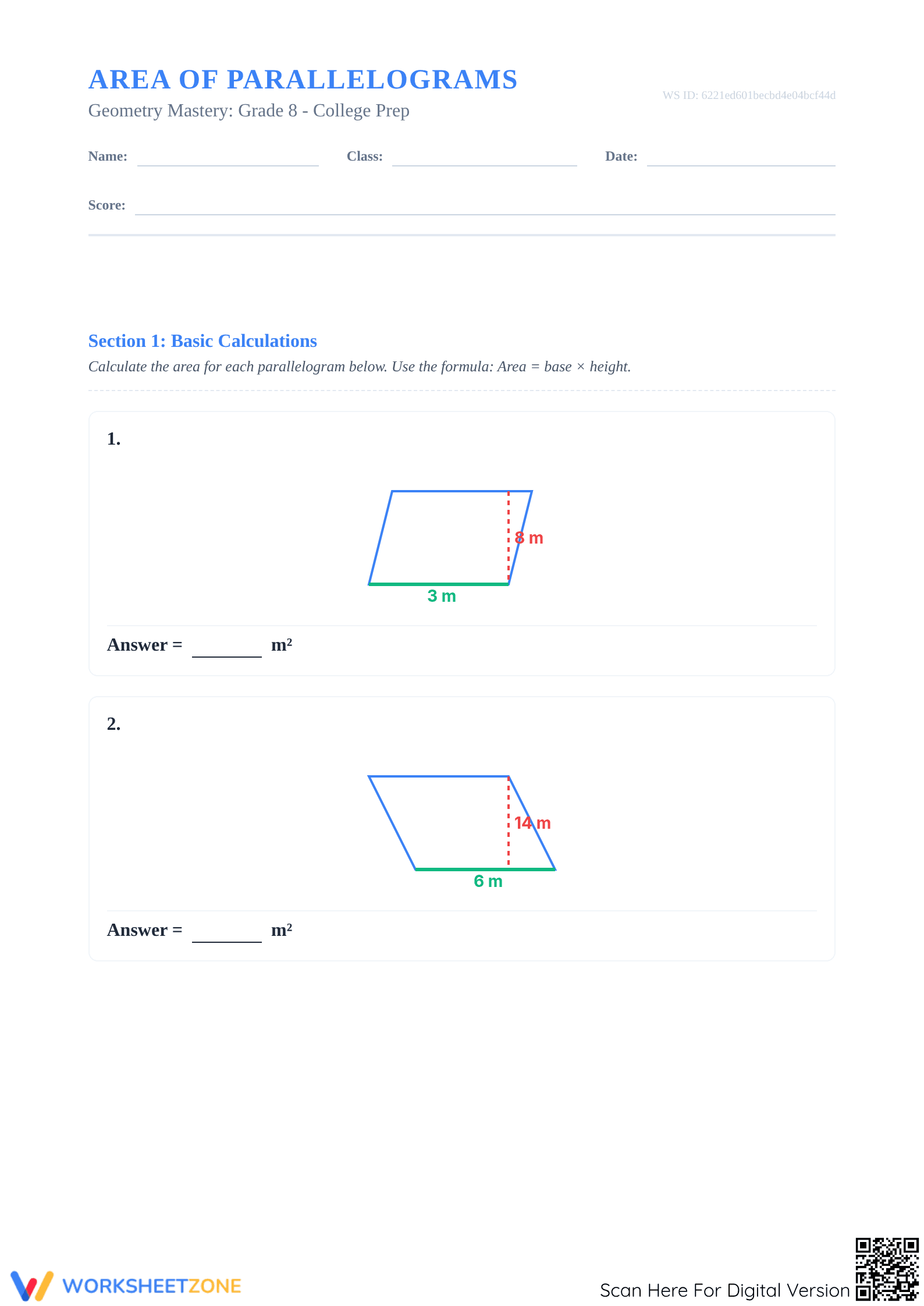 Grade 8+ Area of Parallelograms — Printable Worksheet - Page 1