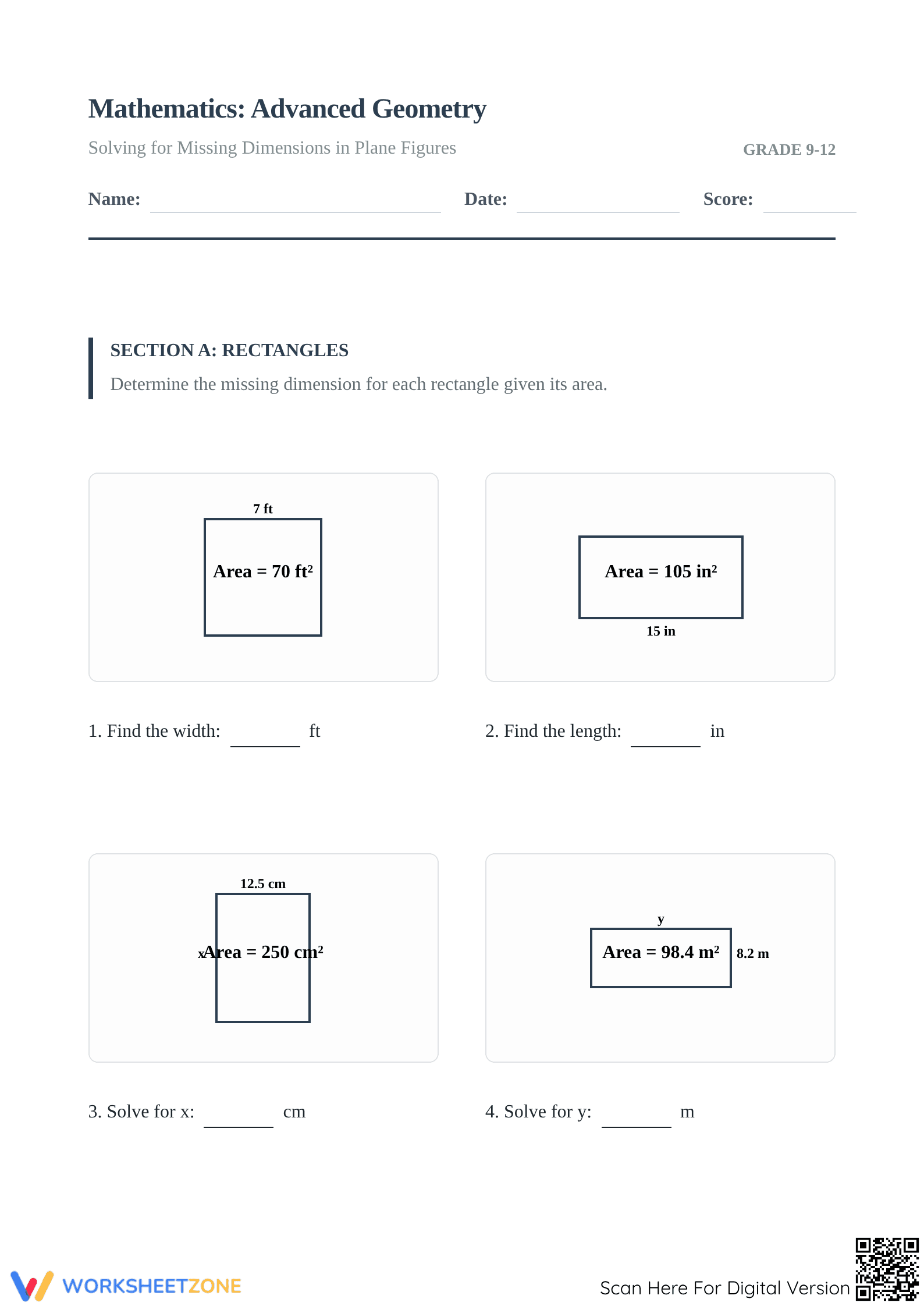 Essential Grade 9-12 Math: Finding Missing Measurements Worksheet - Page 1