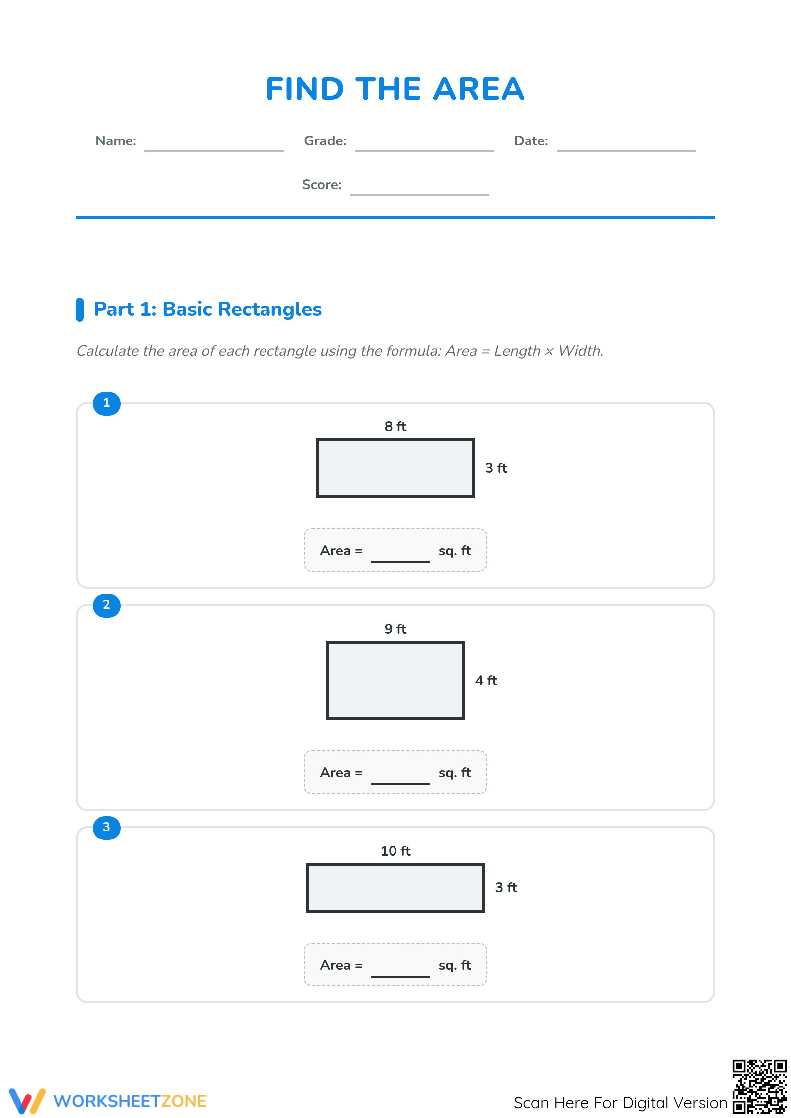 Grade 3 Find the Area — Printable No-Prep Math Worksheet - Page 1