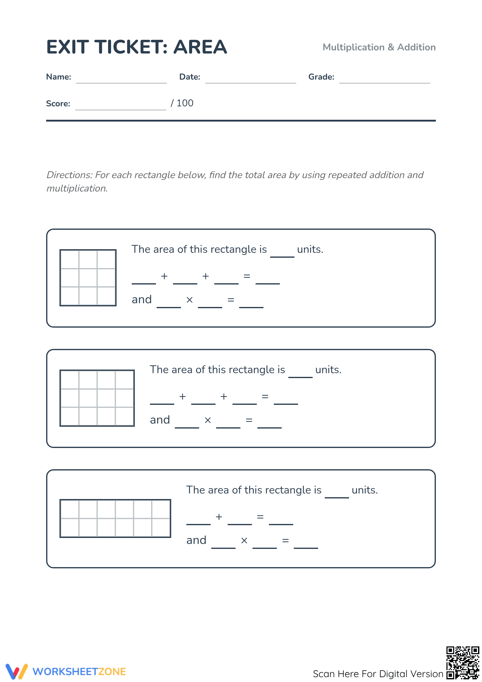 Printable Area Exit Ticket: Addition & Multiplication - Page 1