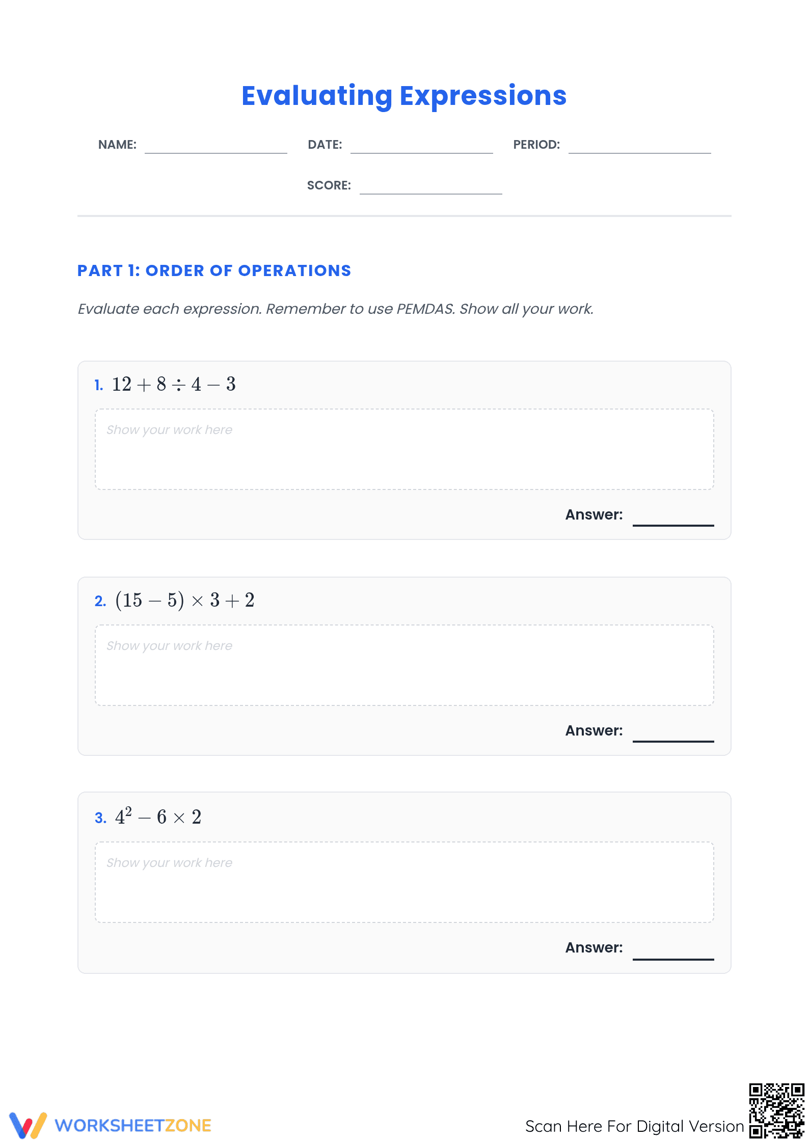 Evaluating Expressions Worksheet | Grade 6 Essential - Page 1