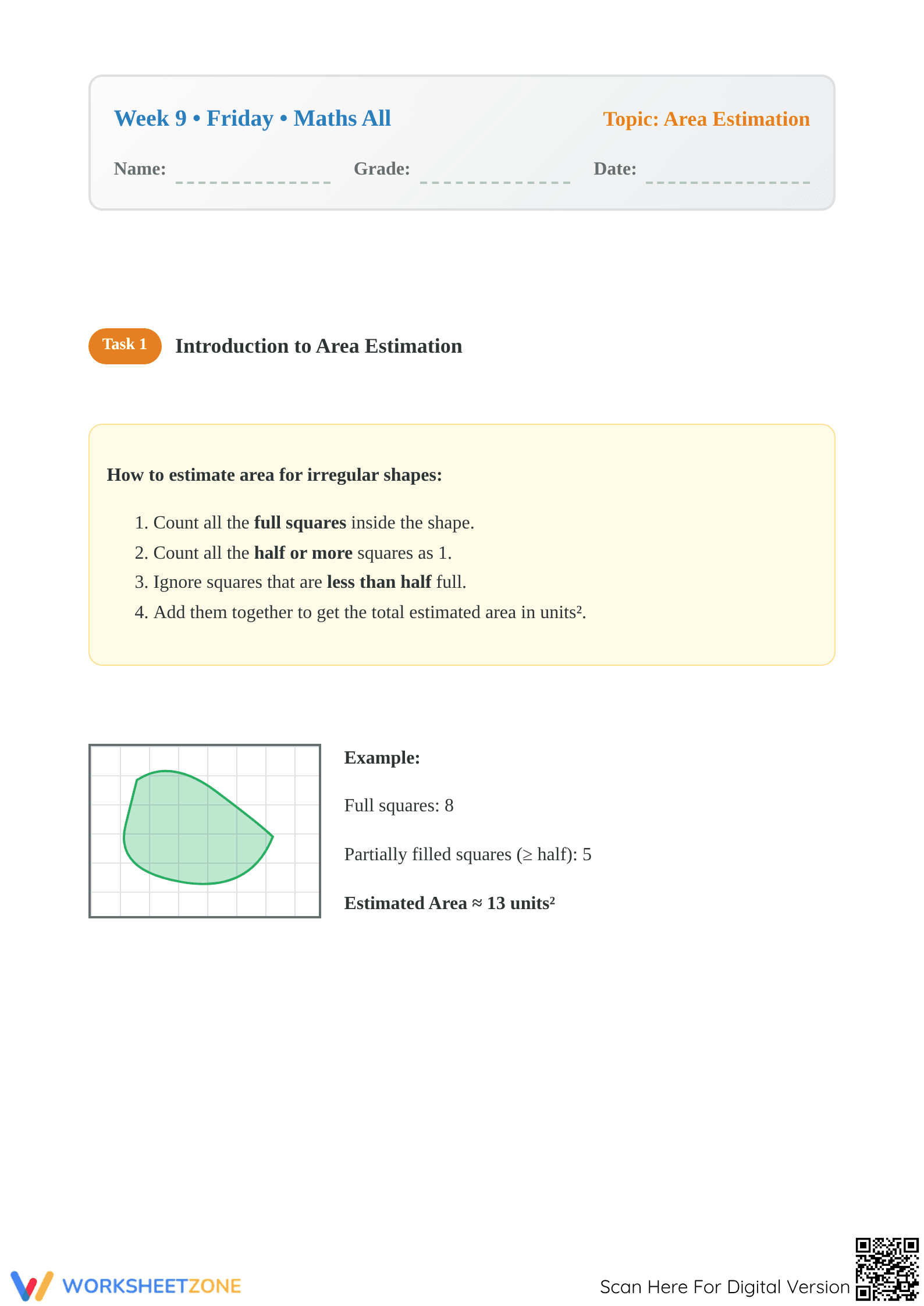 Printable Area Estimation & Word Problems Worksheet | Gr 4-6 - Page 1
