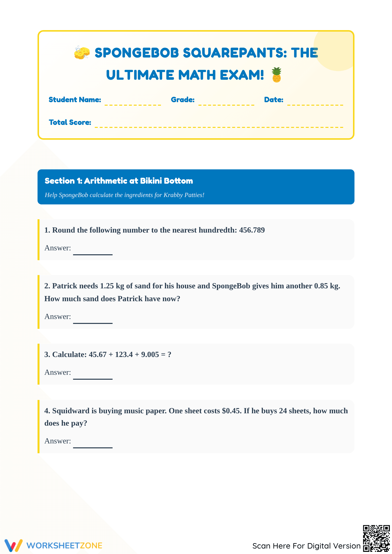 Printable Spongebob Math Exam | Essential Grade 6 Review - Page 1