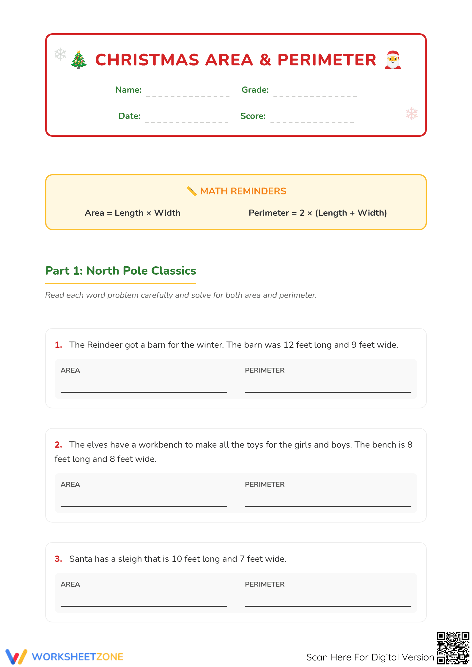 Christmas Area and Perimeter Word Problems | Printable Math - Page 1