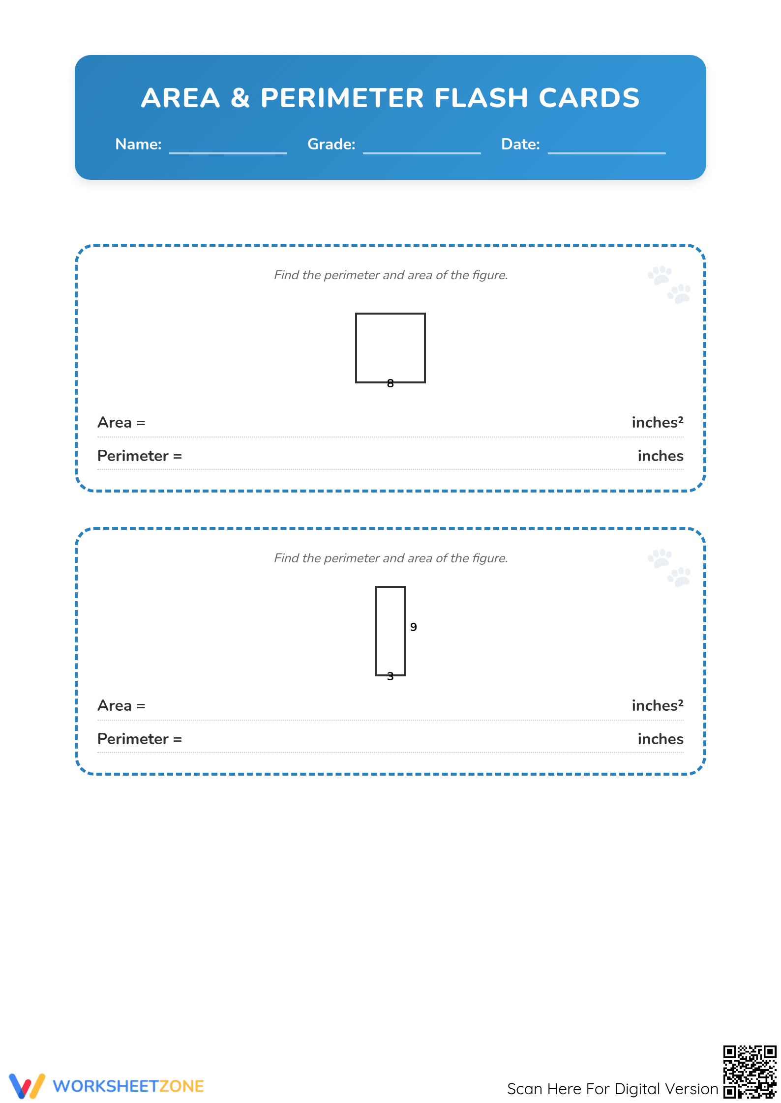 Printable Area and Perimeter Flash Cards | Grade 4-5 Math - Page 1