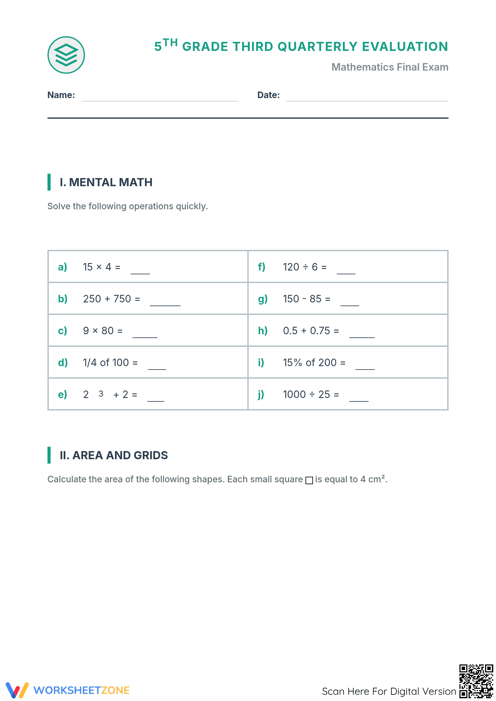 6.G.A.1 Worksheet: Complete Area & Perimeter Grade 5 Exam - Page 1