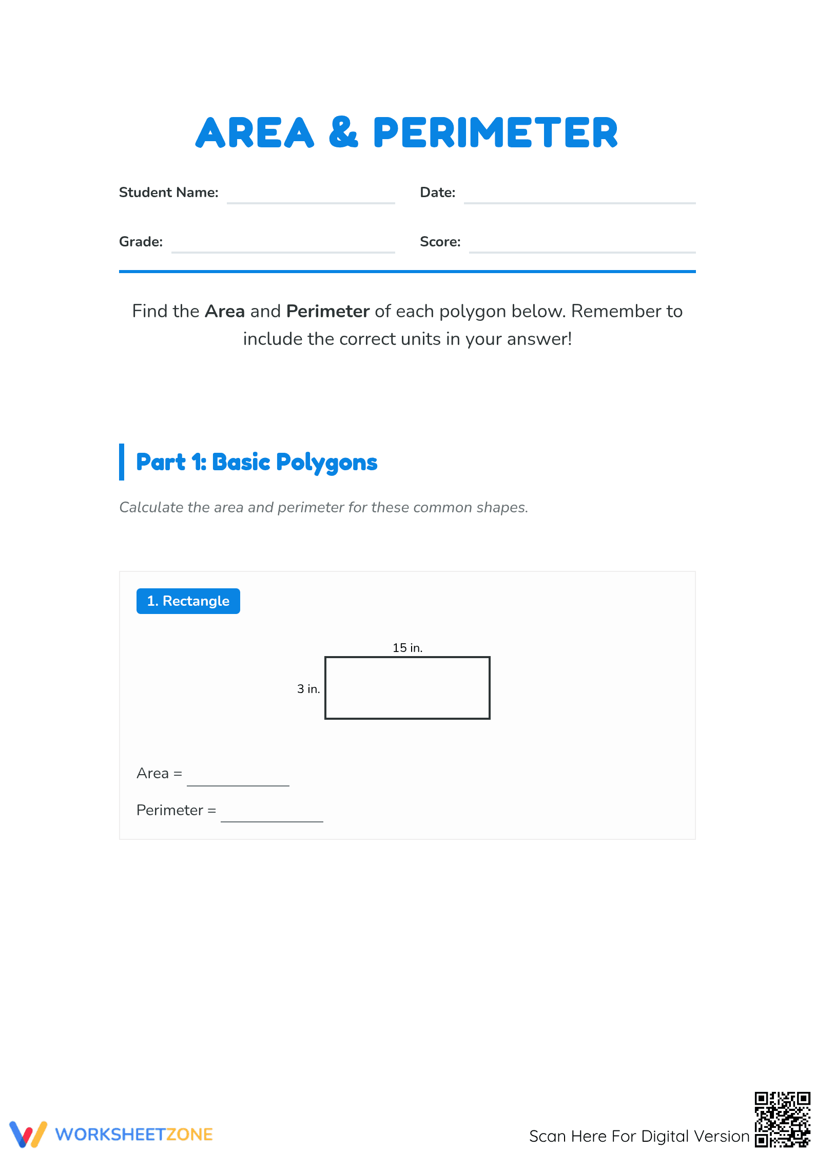 Essential Area and Perimeter Worksheet | Grades 3-9 Math - Page 1