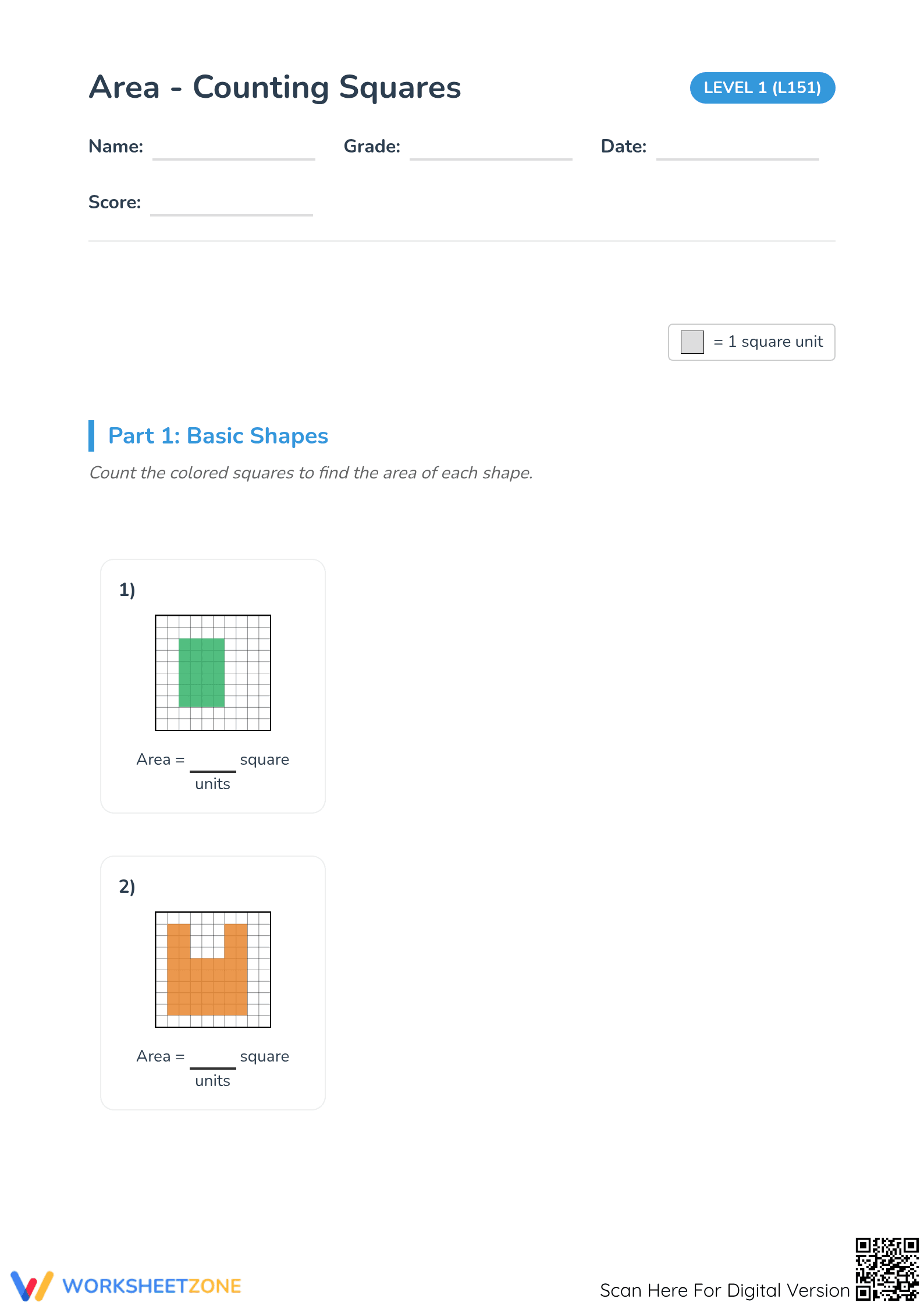 Essential Area Counting Squares Worksheet | Grade 3 Math - Page 1