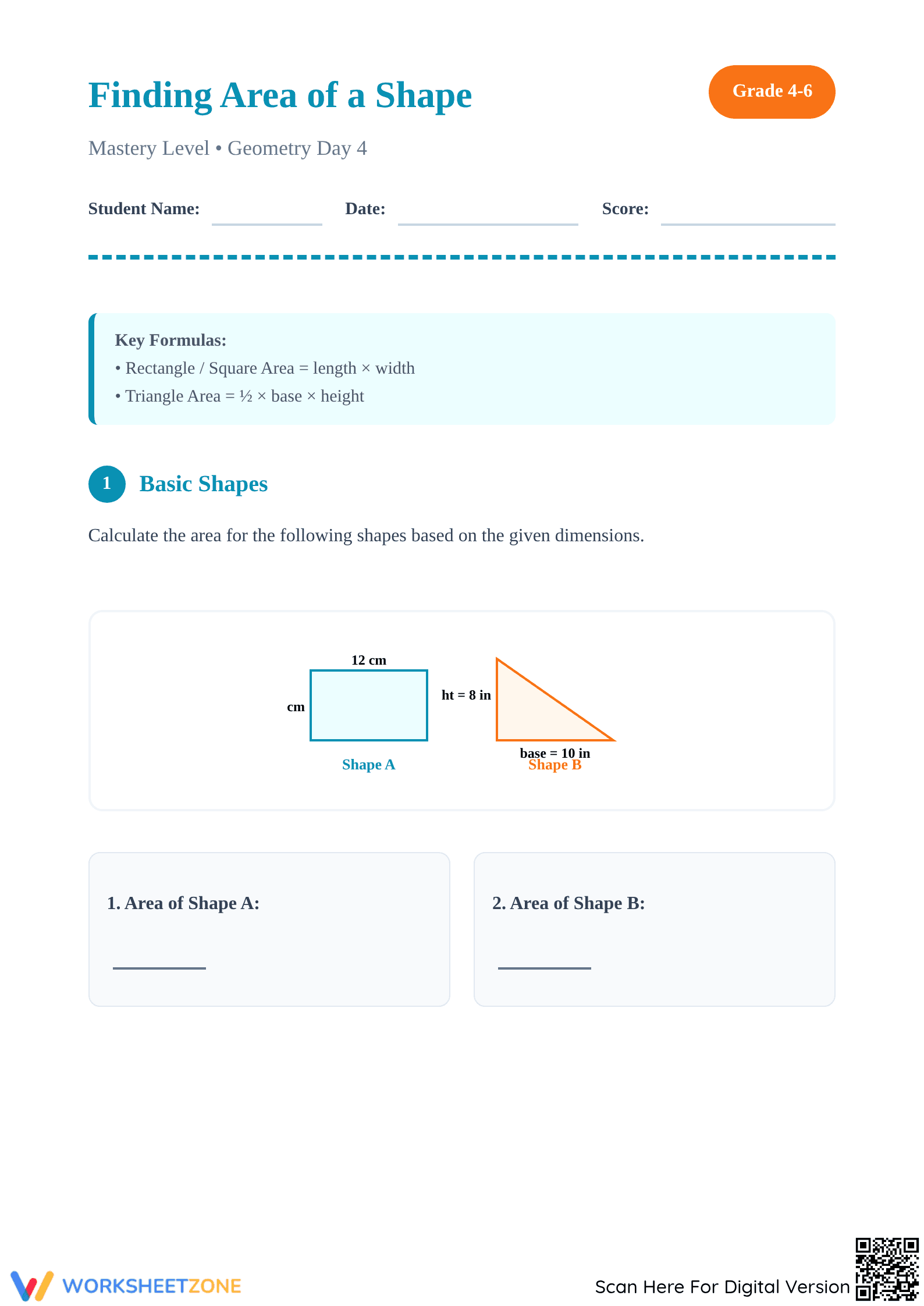 Grade 4-6 Area of Shapes — Printable No-Prep Worksheet - Page 1