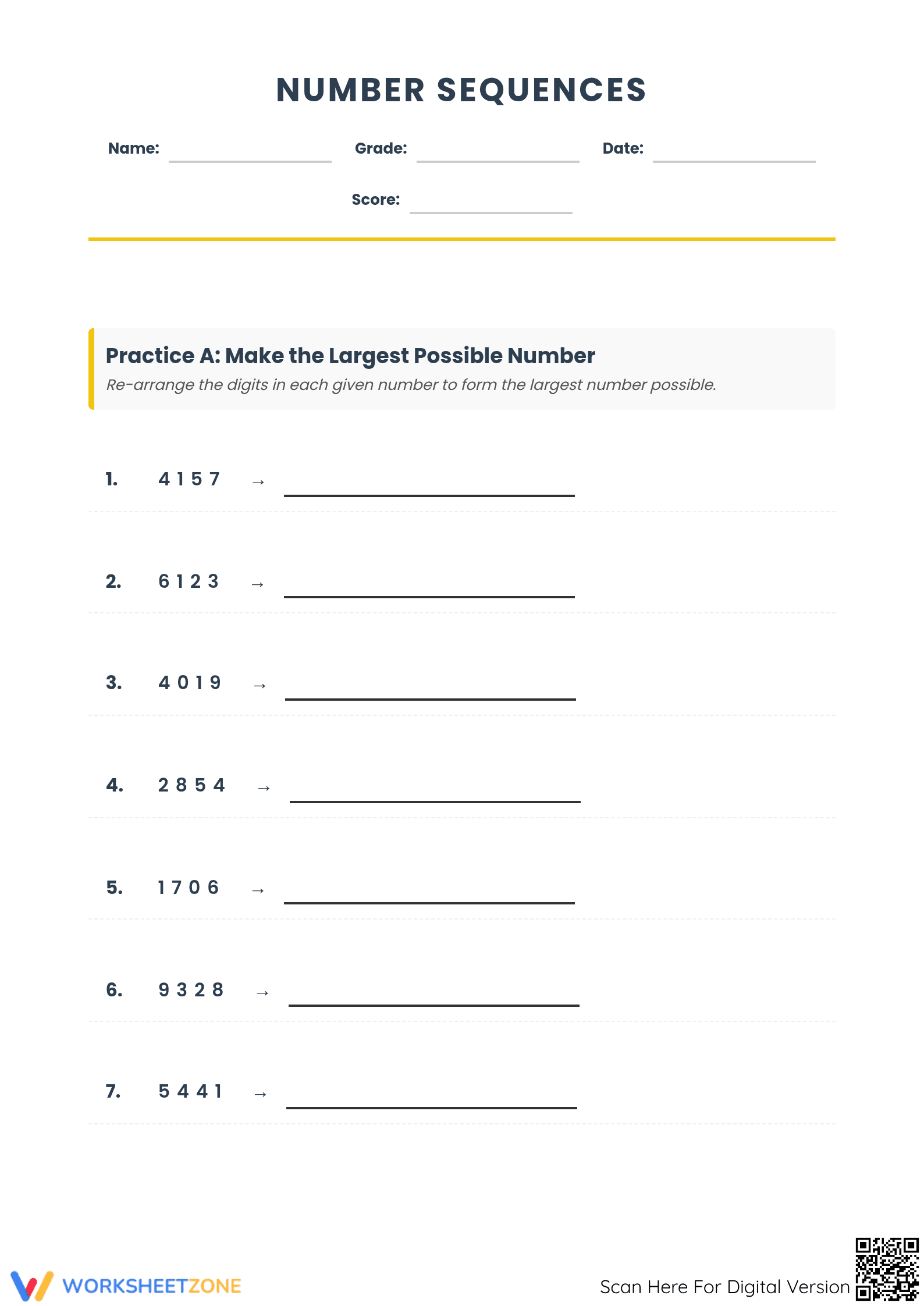 Printable Ascending and Descending Order Math Worksheet - Page 1