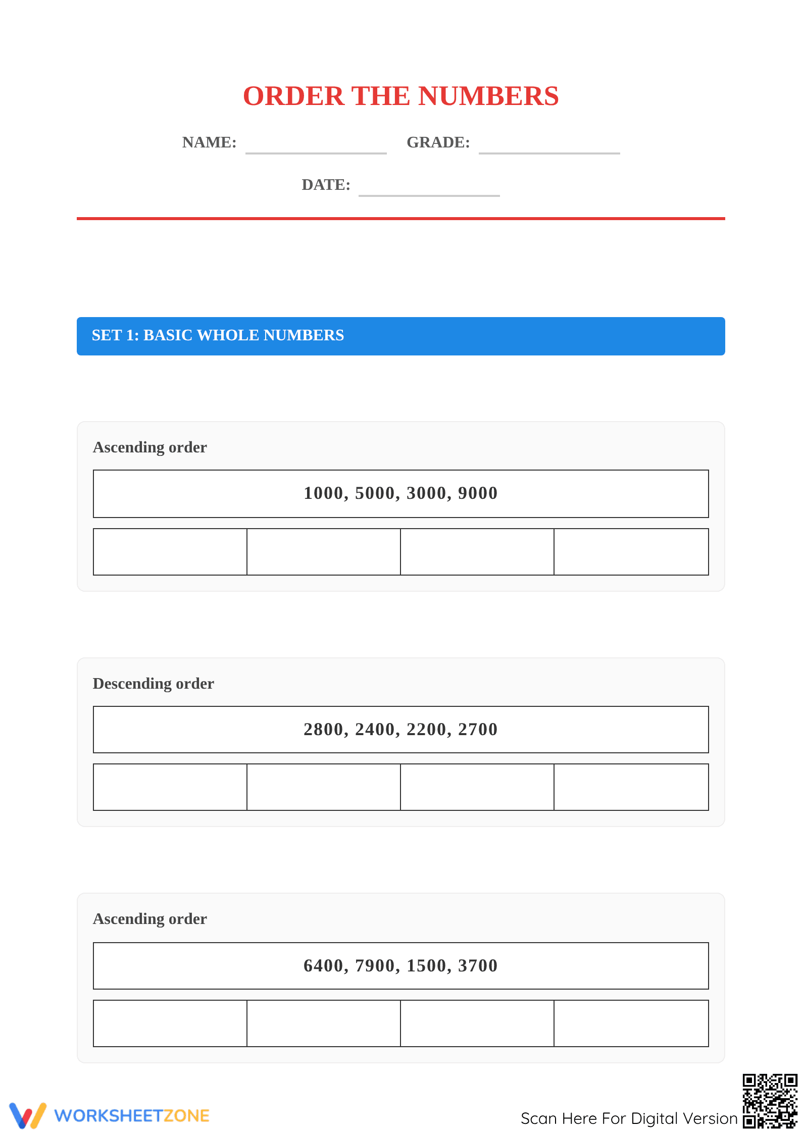Essential Order Numbers Worksheet | Grade 4-6 Math - Page 1
