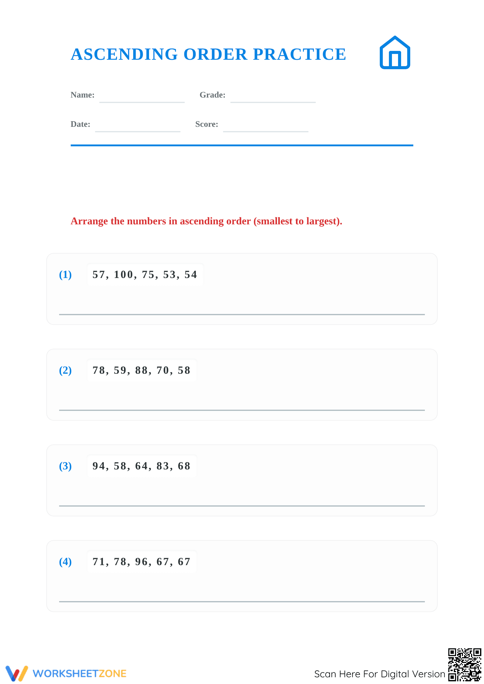 Ascending Order Two-Digit Numbers | Essential Math Practice - Page 1