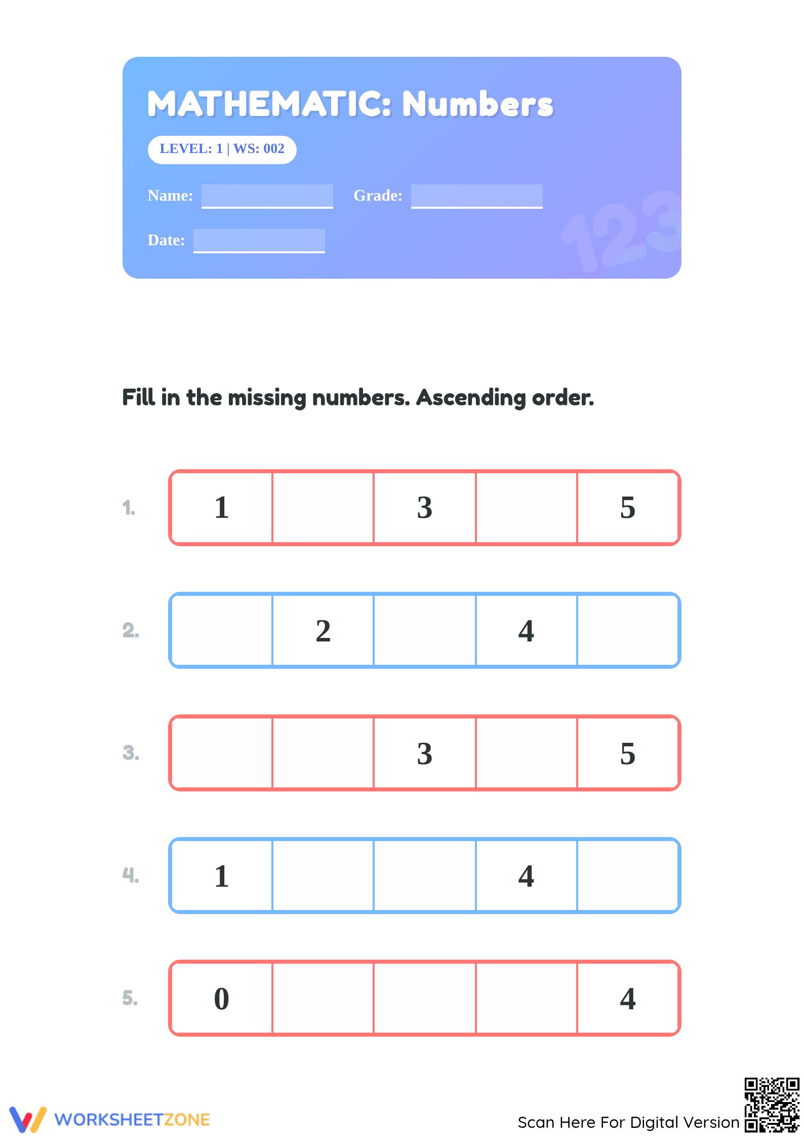Grade 1 Ascending Numbers — Essential Printable Worksheet - Page 1