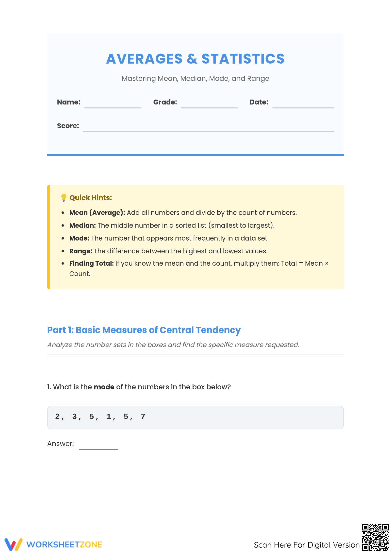 Essential Averages Worksheet | Grade 5 Math Statistics - Page 1