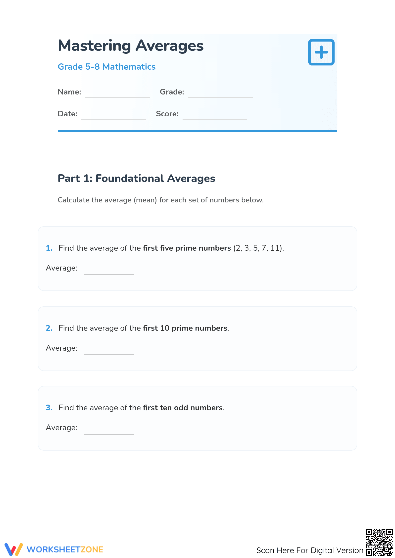 Mastering Averages Worksheet | Grade 5-8 Essential Math - Page 1
