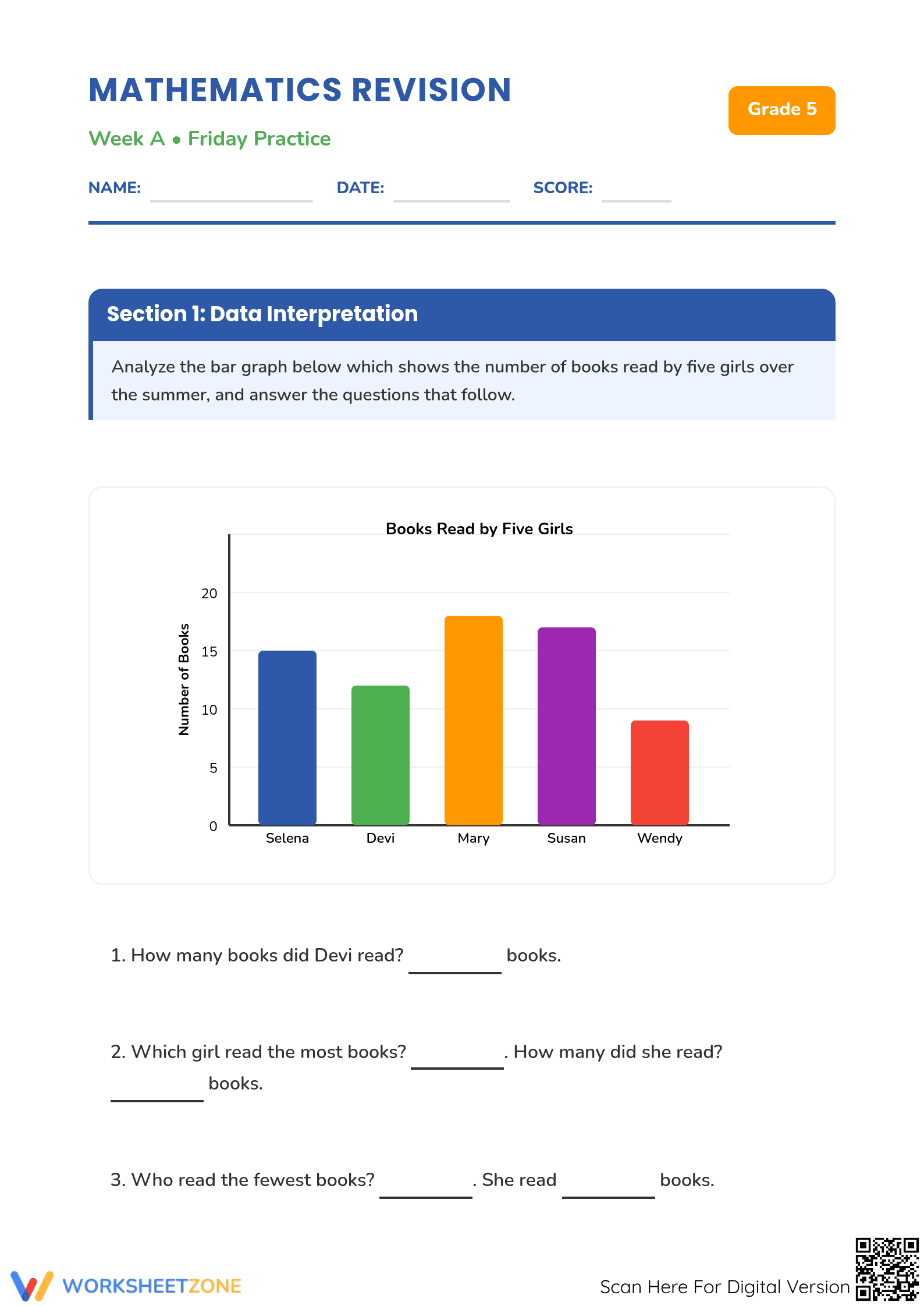 Grade 5 Bar Graph Revision | Essential Math Worksheet - Page 1