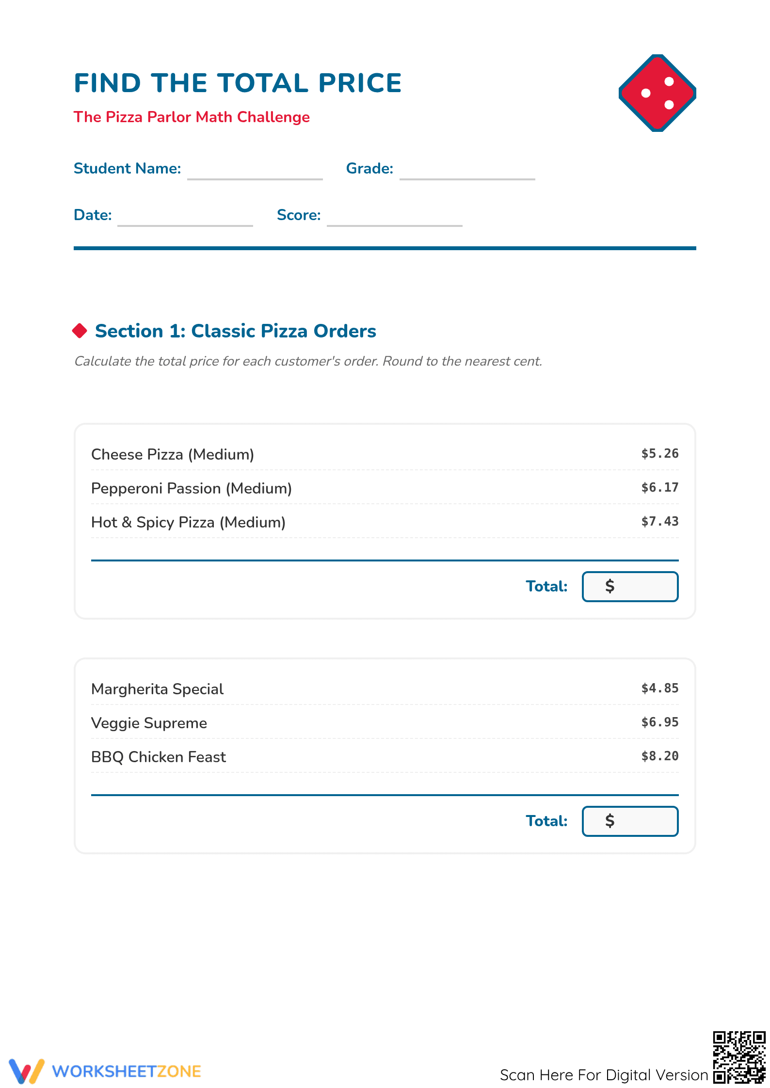 Grades 4-5 Money Math — Printable No-Prep Worksheet - Page 1