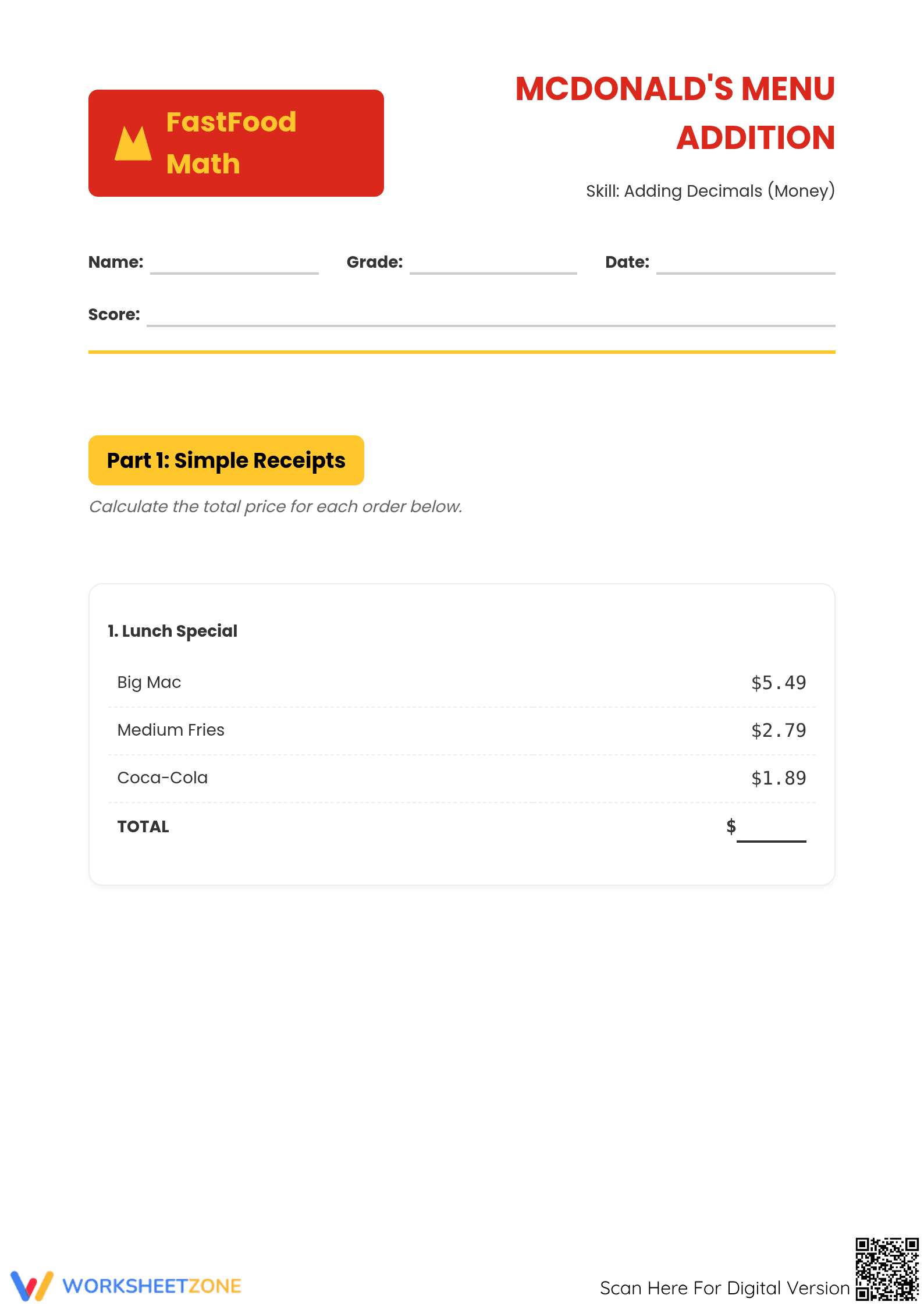 Grade 5 Calculating Food Costs — Printable No-Prep Worksheet - Page 1