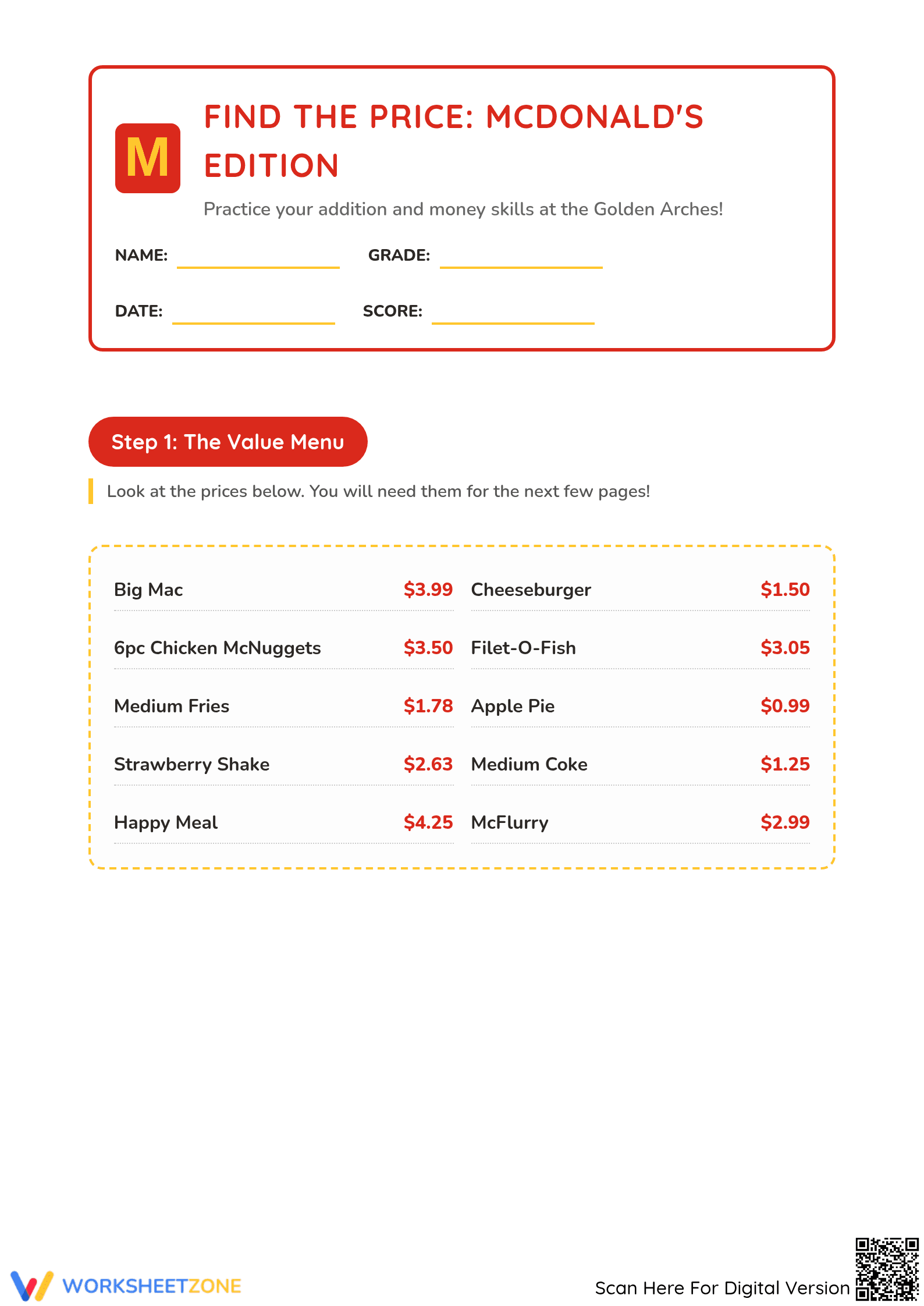 Grade 3 Money Math — Printable No-Prep Worksheet - Page 1