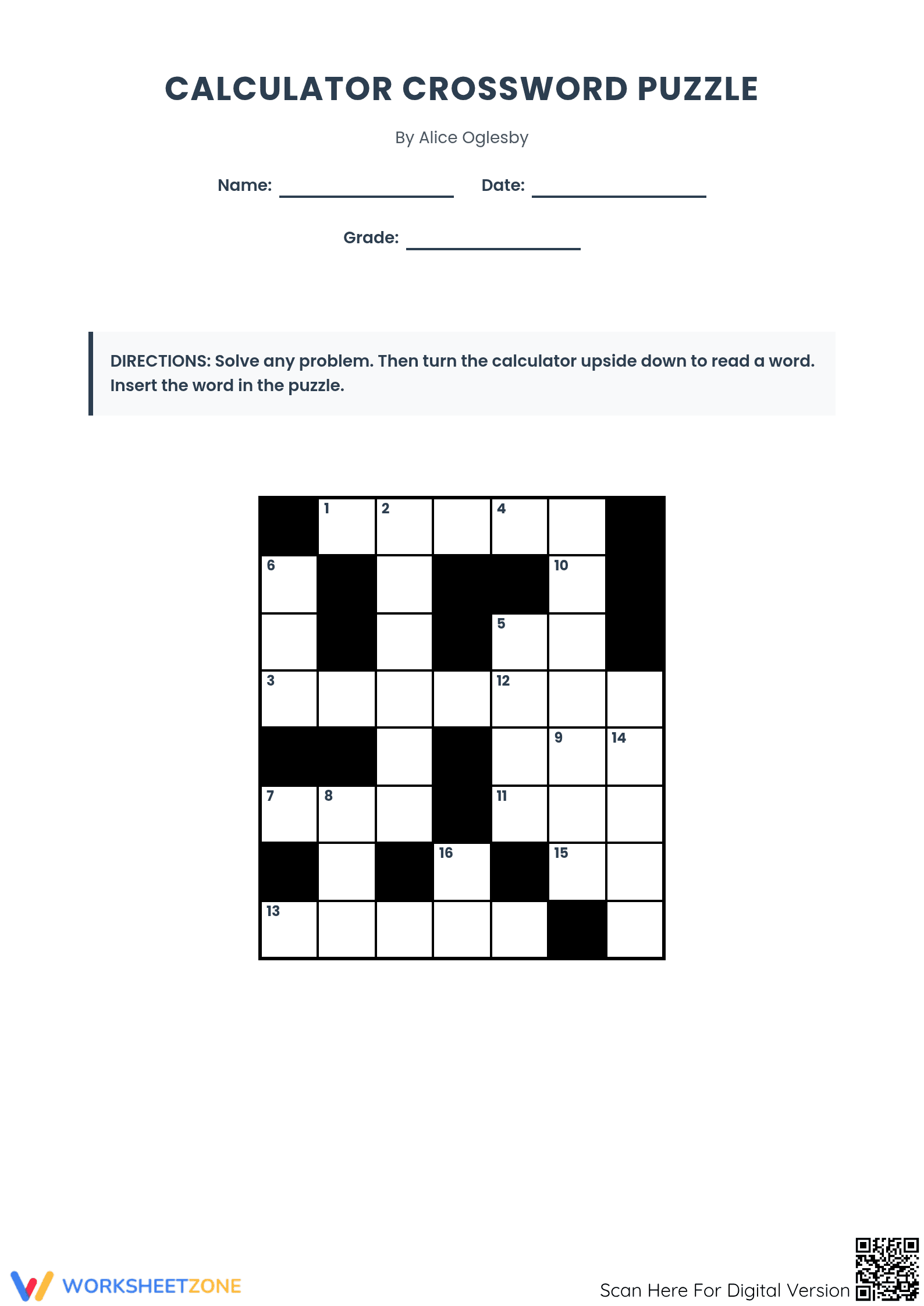 Calculator Crossword Puzzle | Grade 8-12 Essential - Page 1