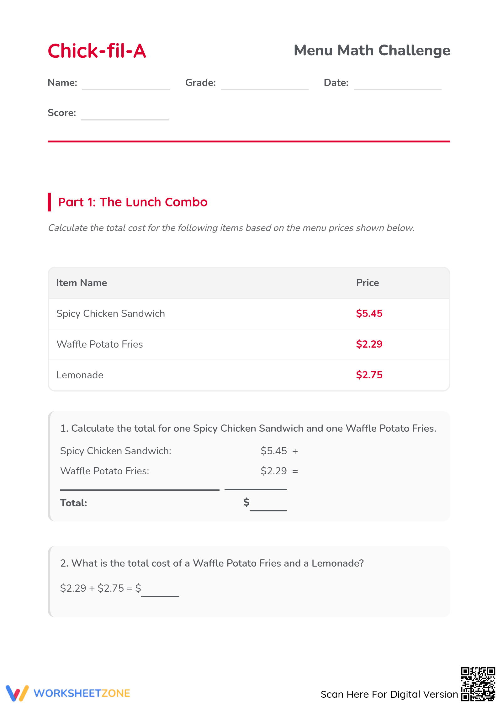 Grade 5 Menu Math — Printable No-Prep Worksheet - Page 1