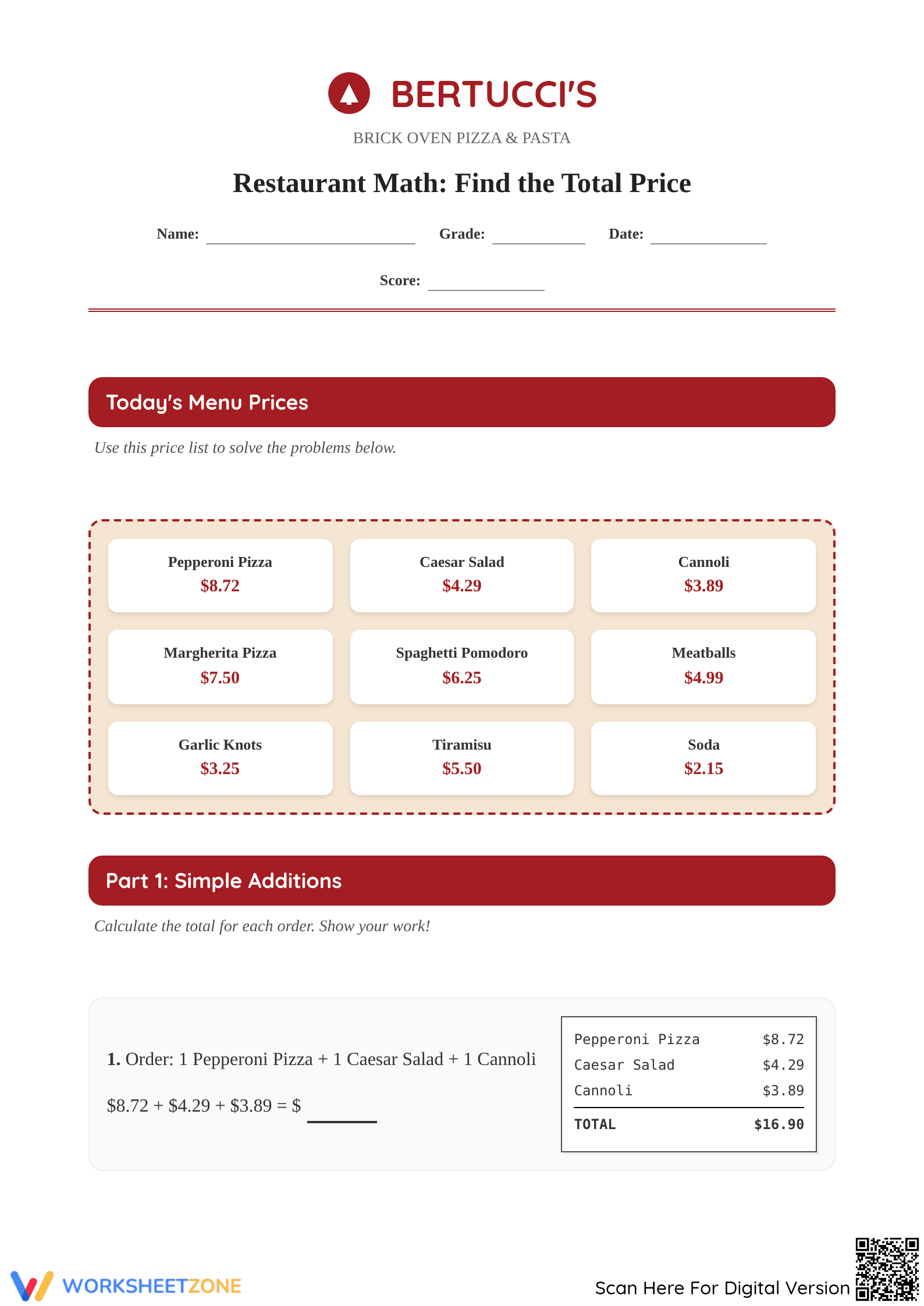Printable Money Math Worksheet | Grade 5 Decimals - Page 1