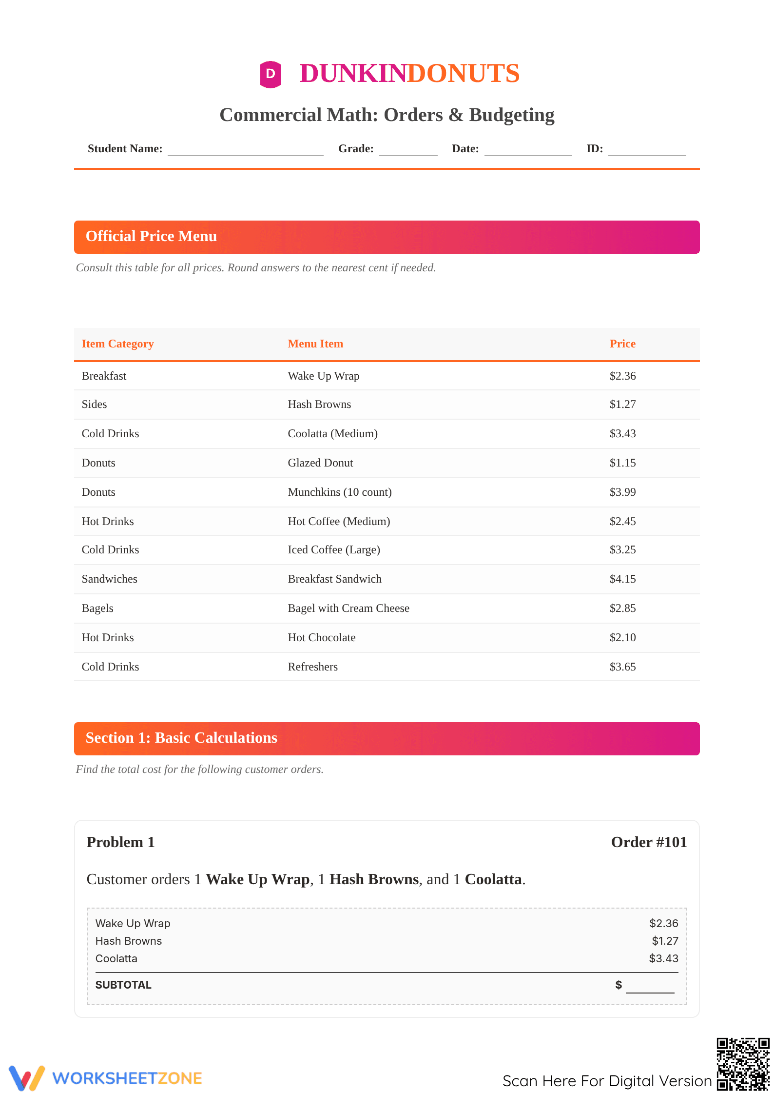 Grade 5 Money Math — Printable No-Prep Worksheet - Page 1