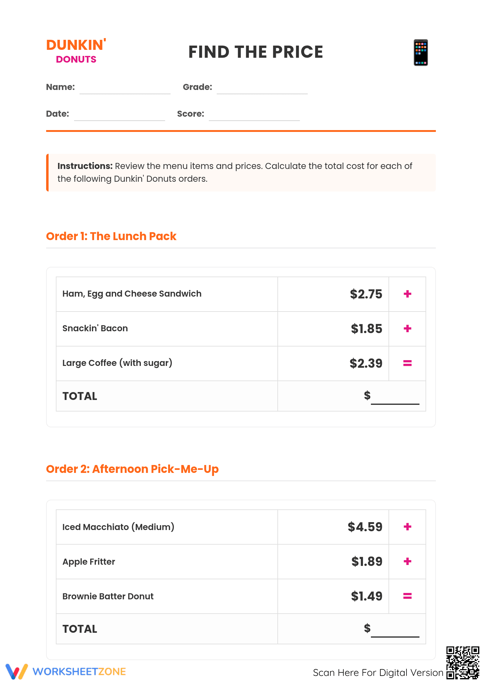 Grade 5 Menu Math — Printable No-Prep Worksheet - Page 1