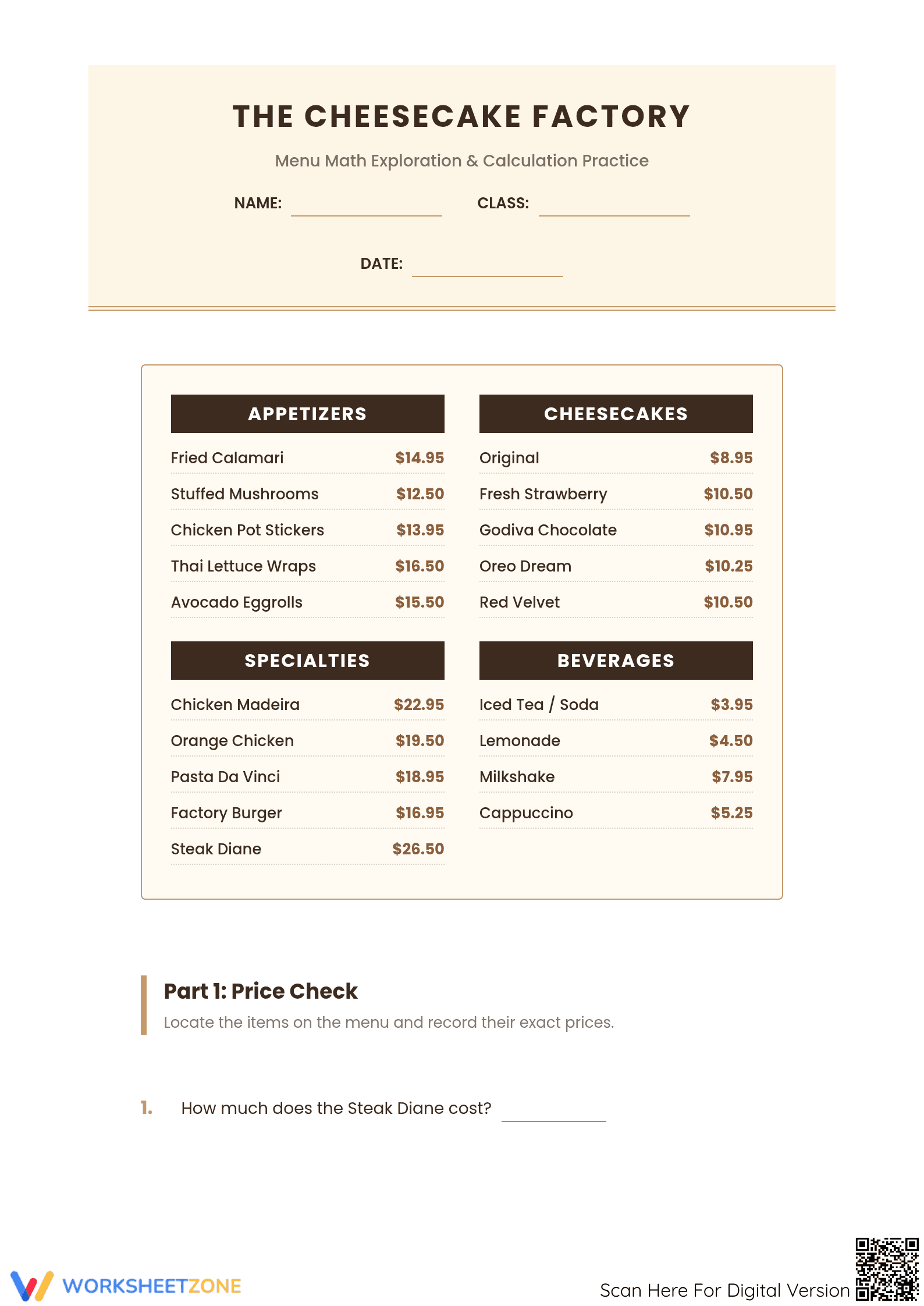 Grade 7 Menu Math — Printable No-Prep Worksheet - Page 1