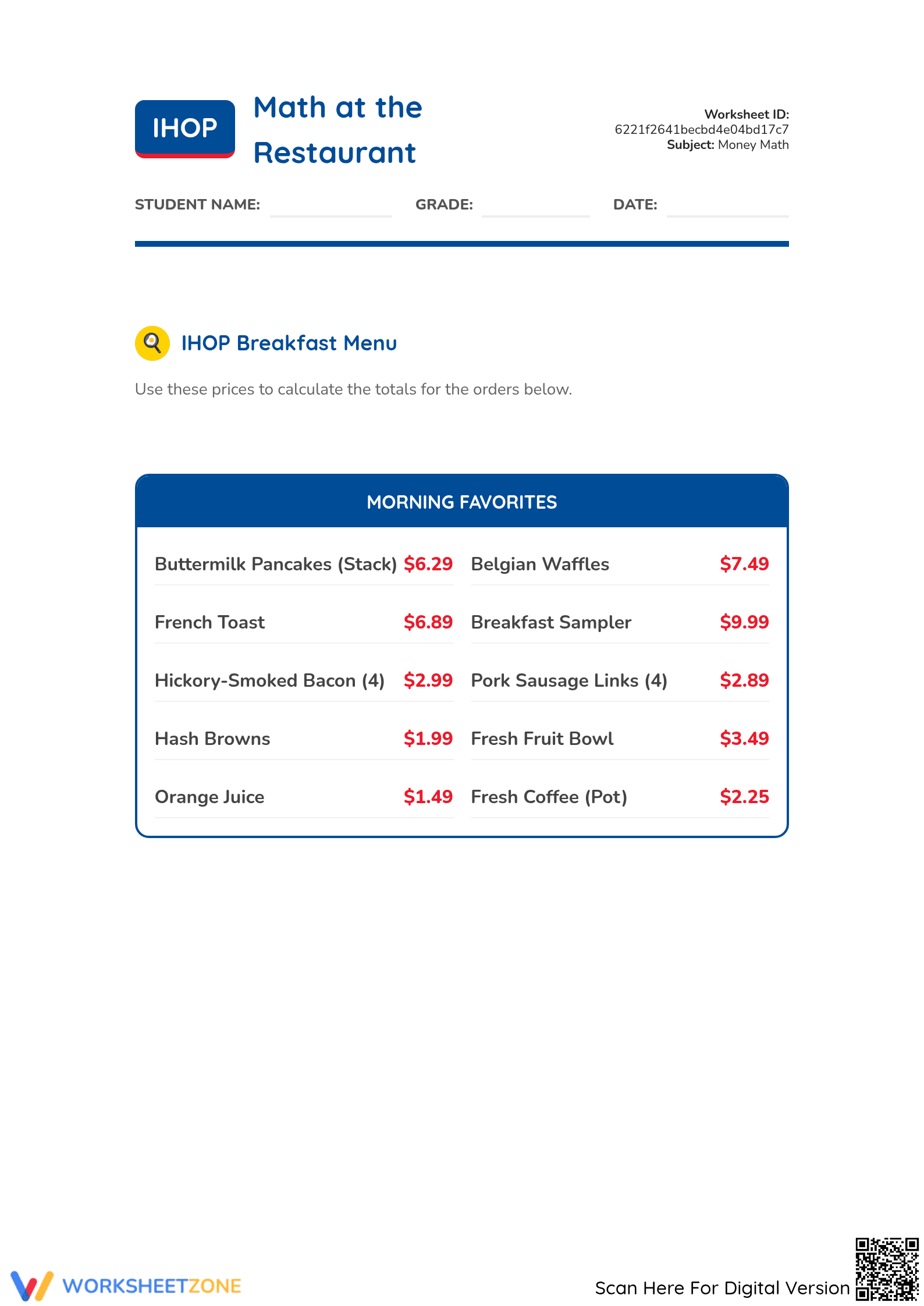 Grade 5 Money Math — Printable No-Prep Worksheet - Page 1
