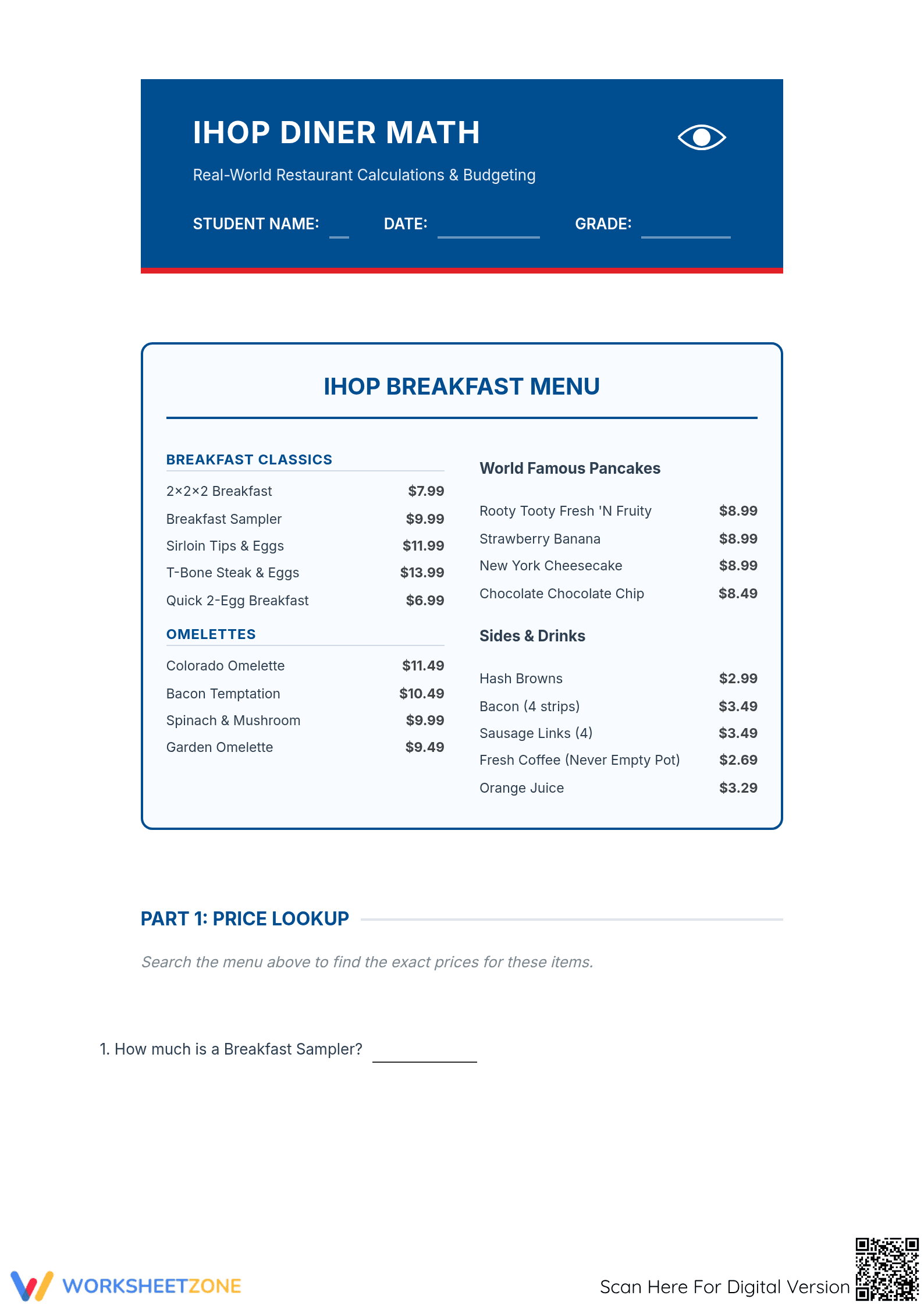 Grade 7 Menu Math — Printable No-Prep Worksheet - Page 1