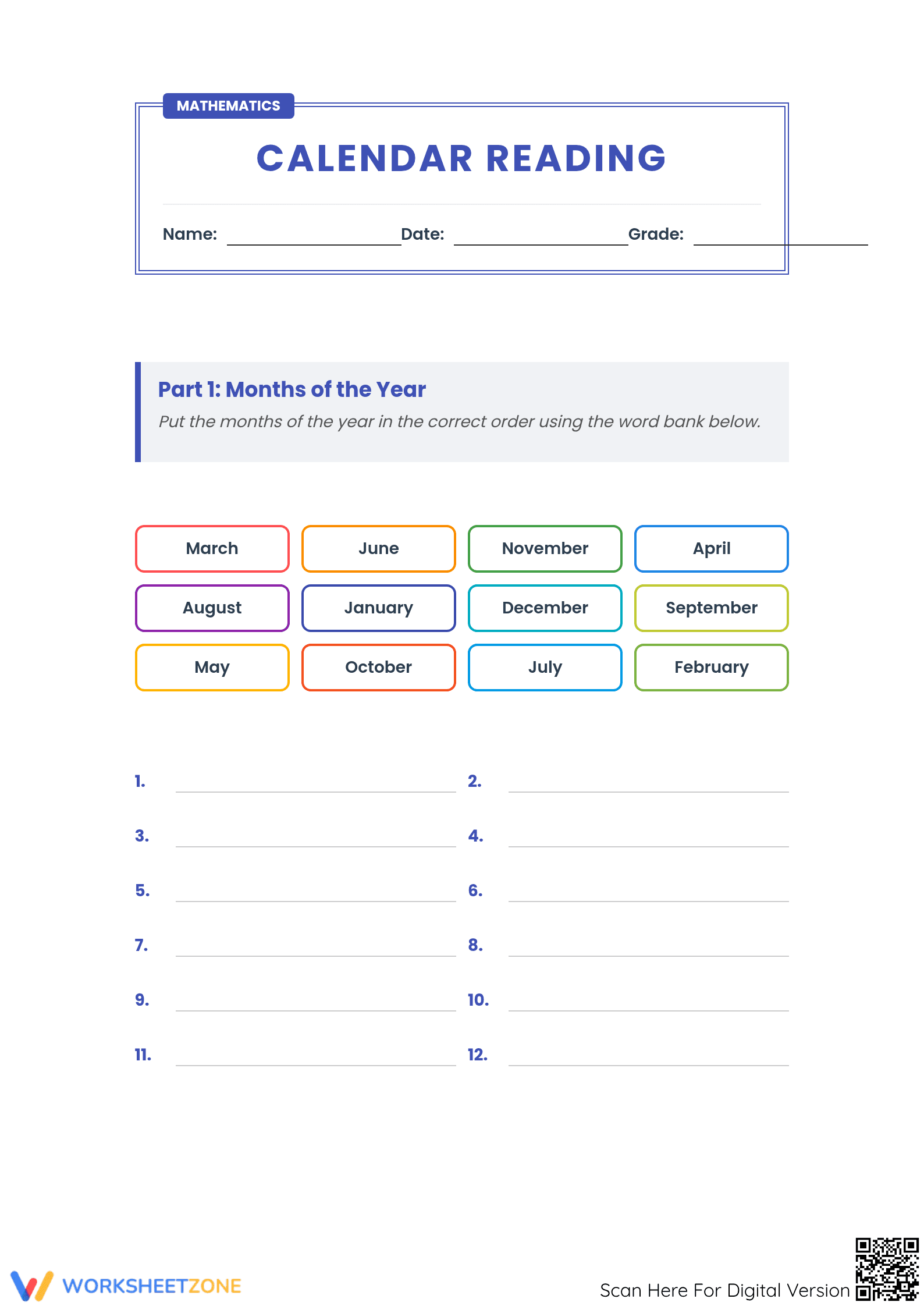 Printable Calendar Reading Worksheet | Grade 3 Math - Page 1