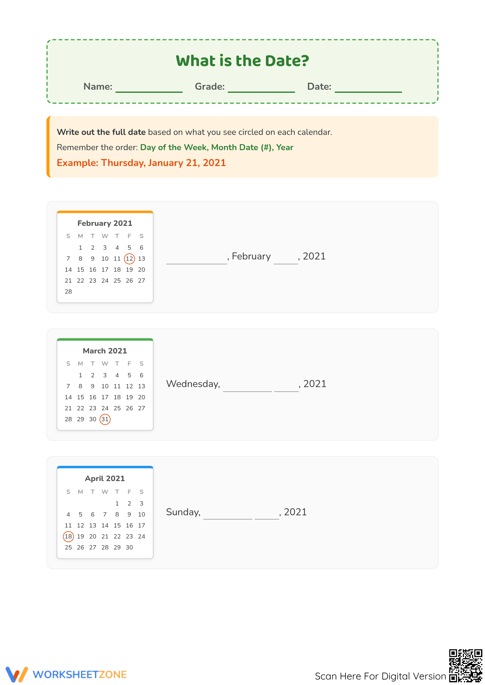 Printable Reading Dates Worksheet | Grade 1 Math - Page 1