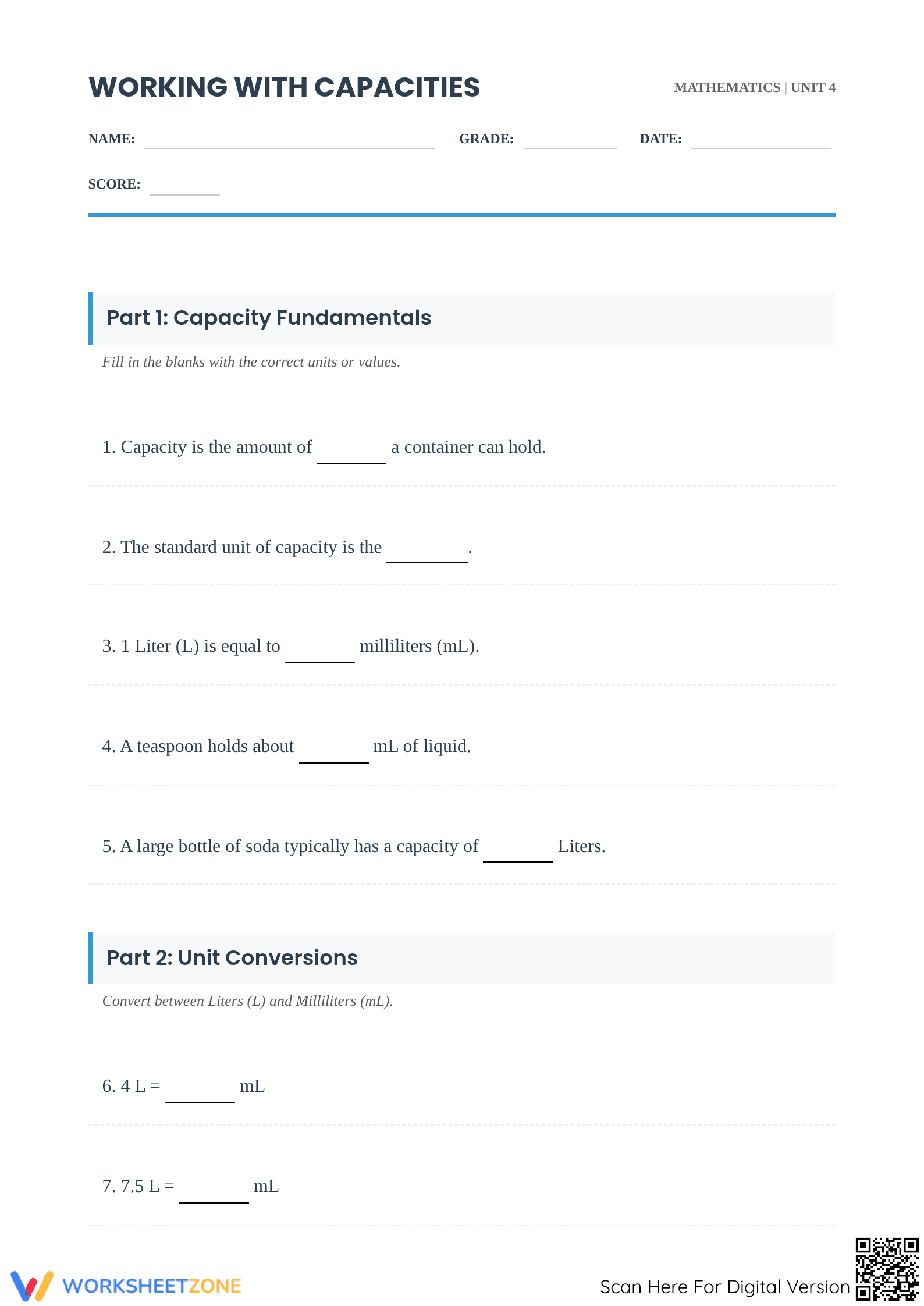Printable Capacity Worksheet | Grade 3 Math - Page 1