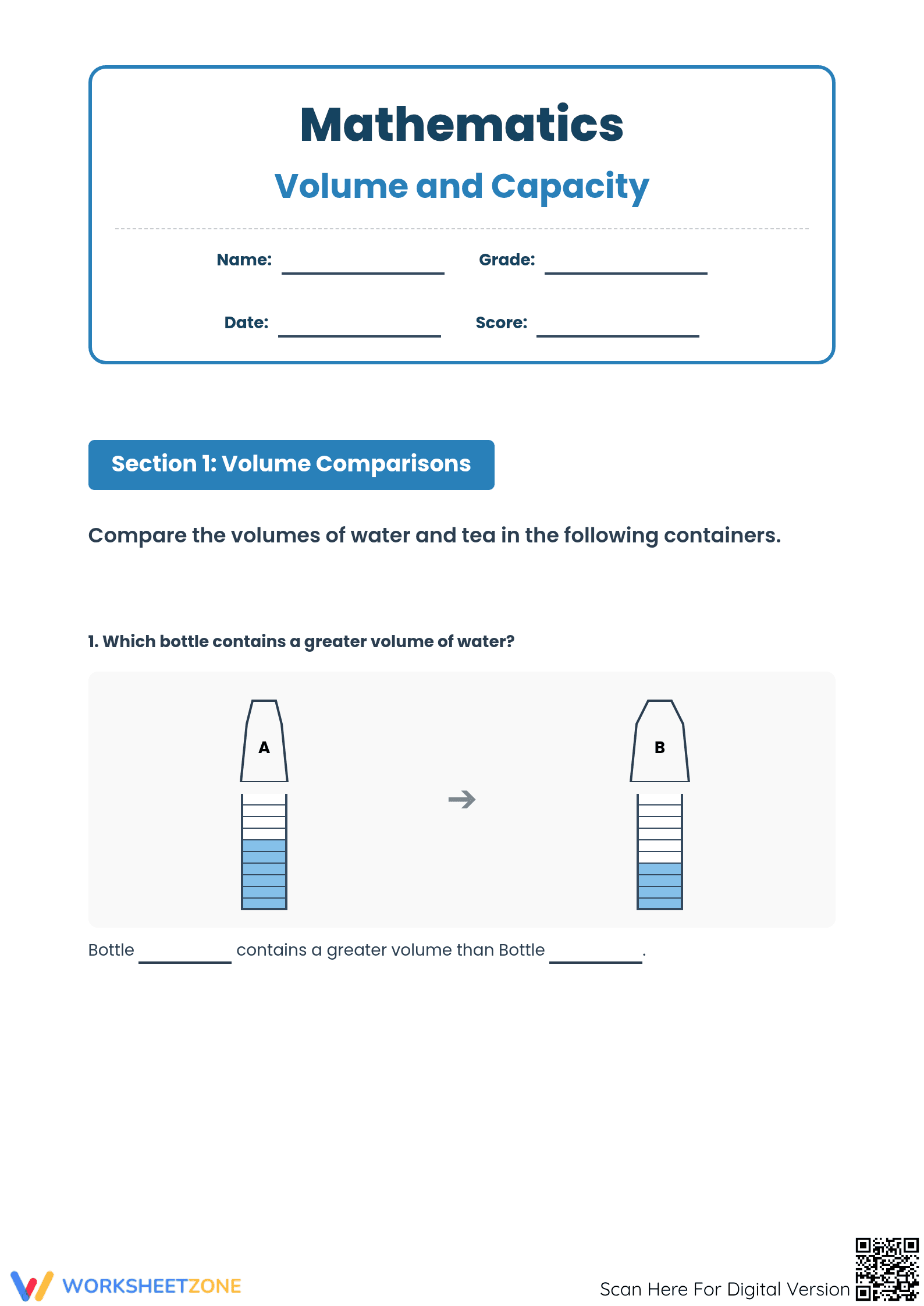 Grade 3 Volume & Capacity — Printable No-Prep Worksheet - Page 1