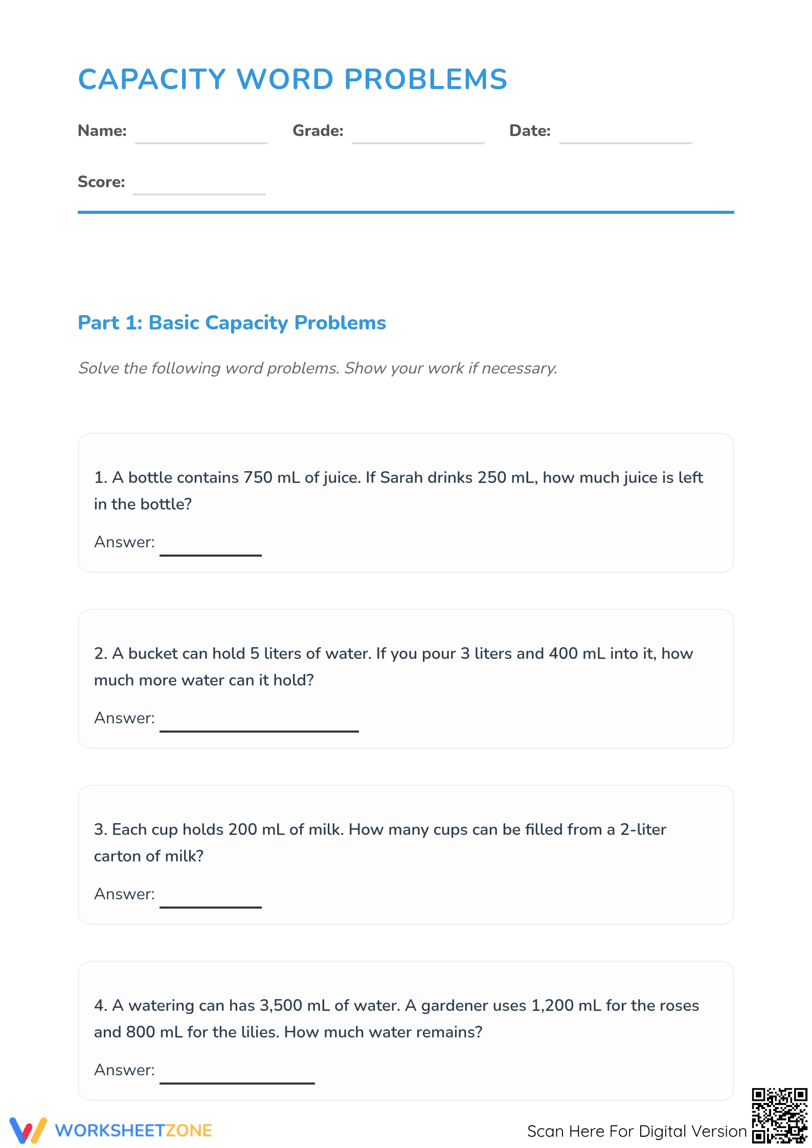 Essential Capacity Word Problems Worksheet | Grade 4 Math - Page 1