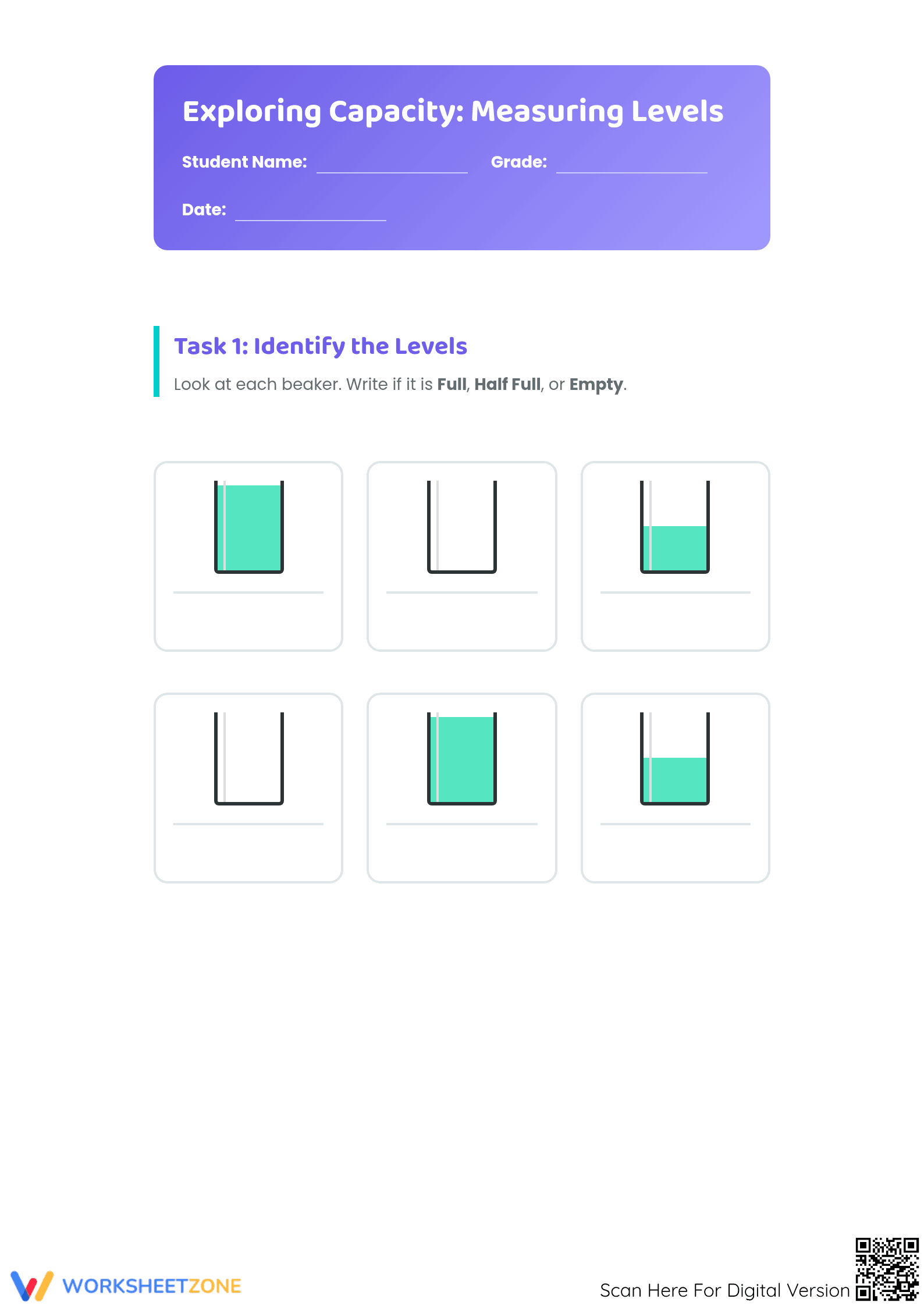 Essential Capacity Worksheet | Grade 1 Math - Page 1