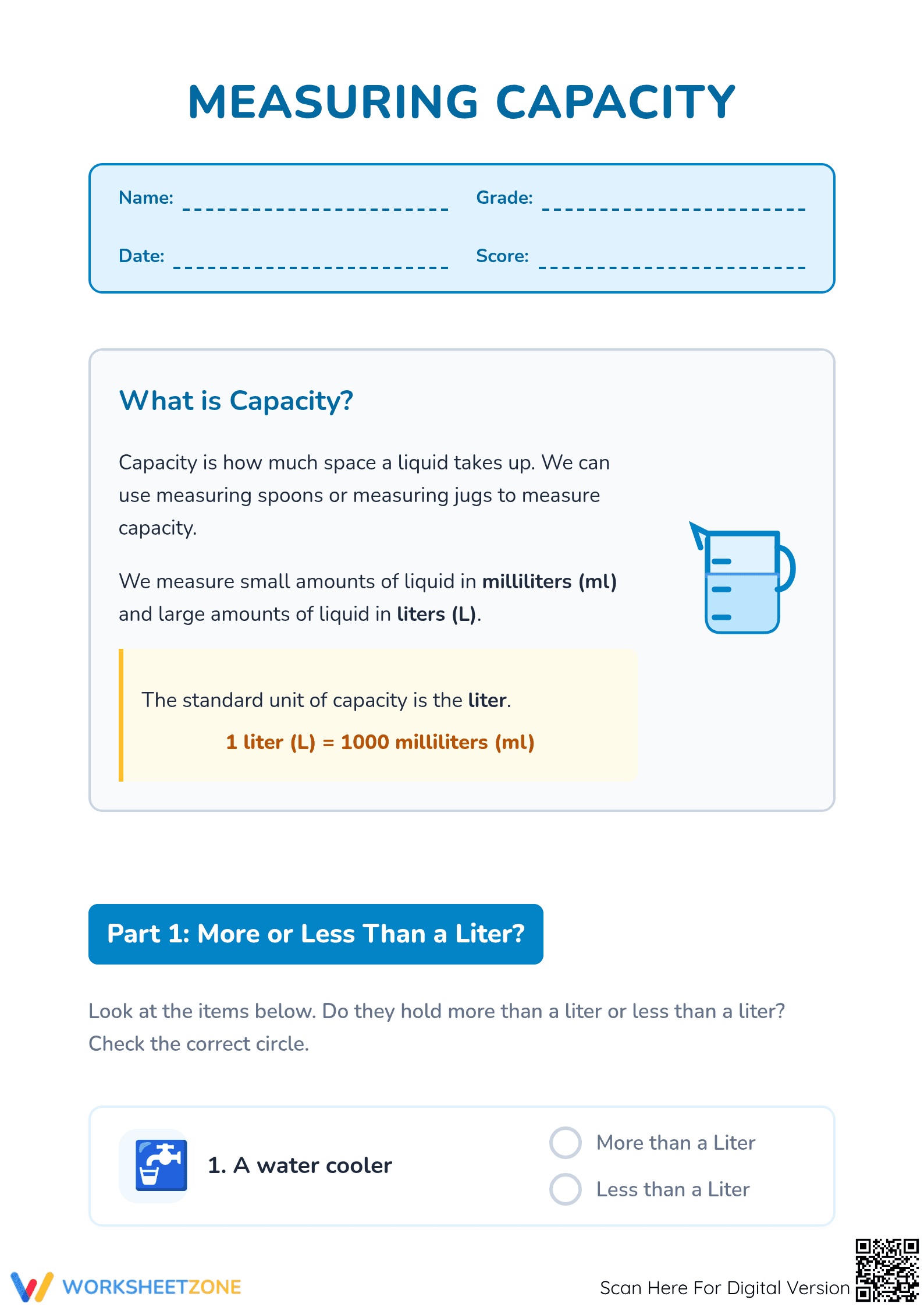 Measuring Capacity Worksheet | Grade 3 Essential Guide - Page 1