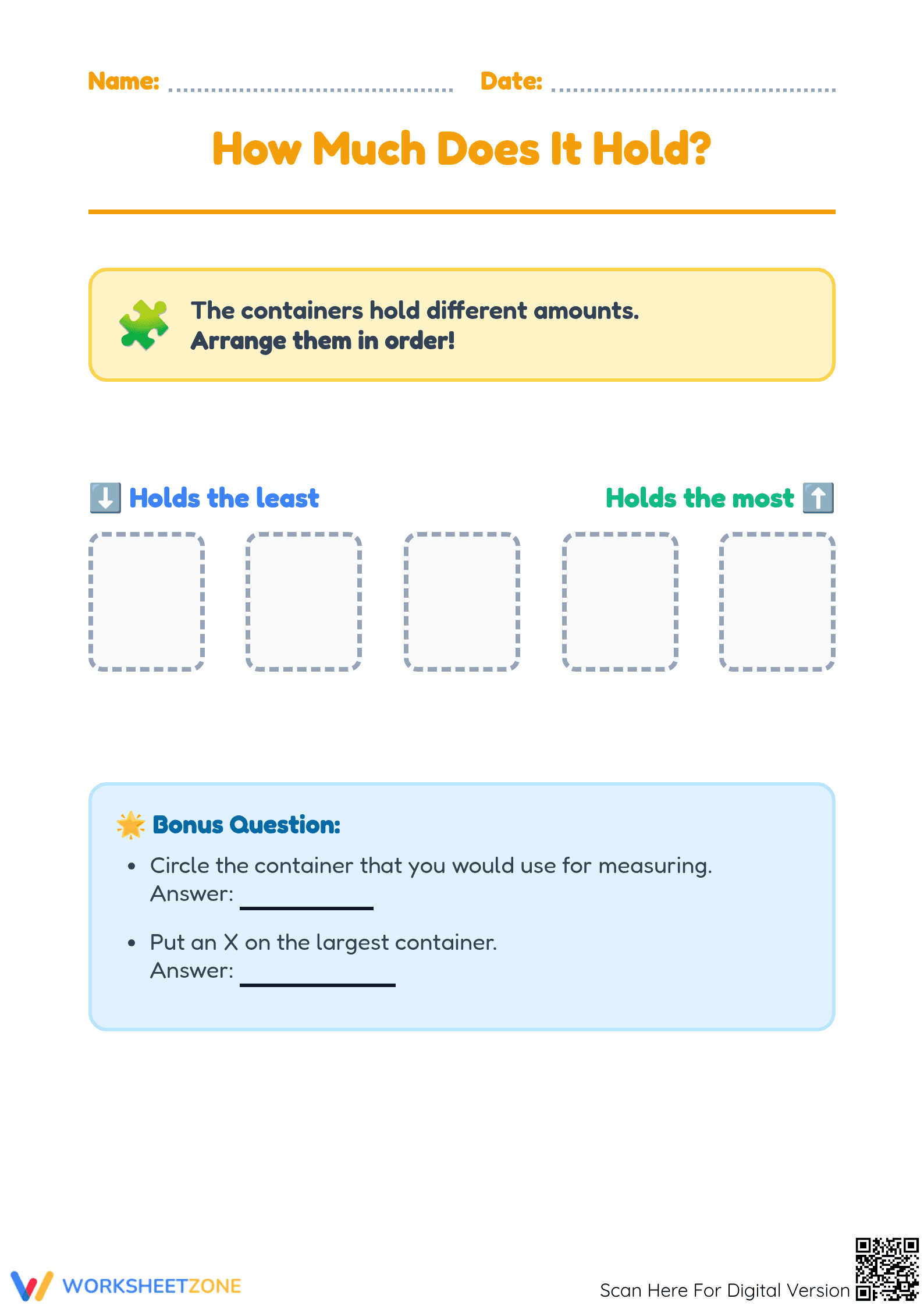Preschool Capacity Worksheet | Essential Math Practice - Page 1