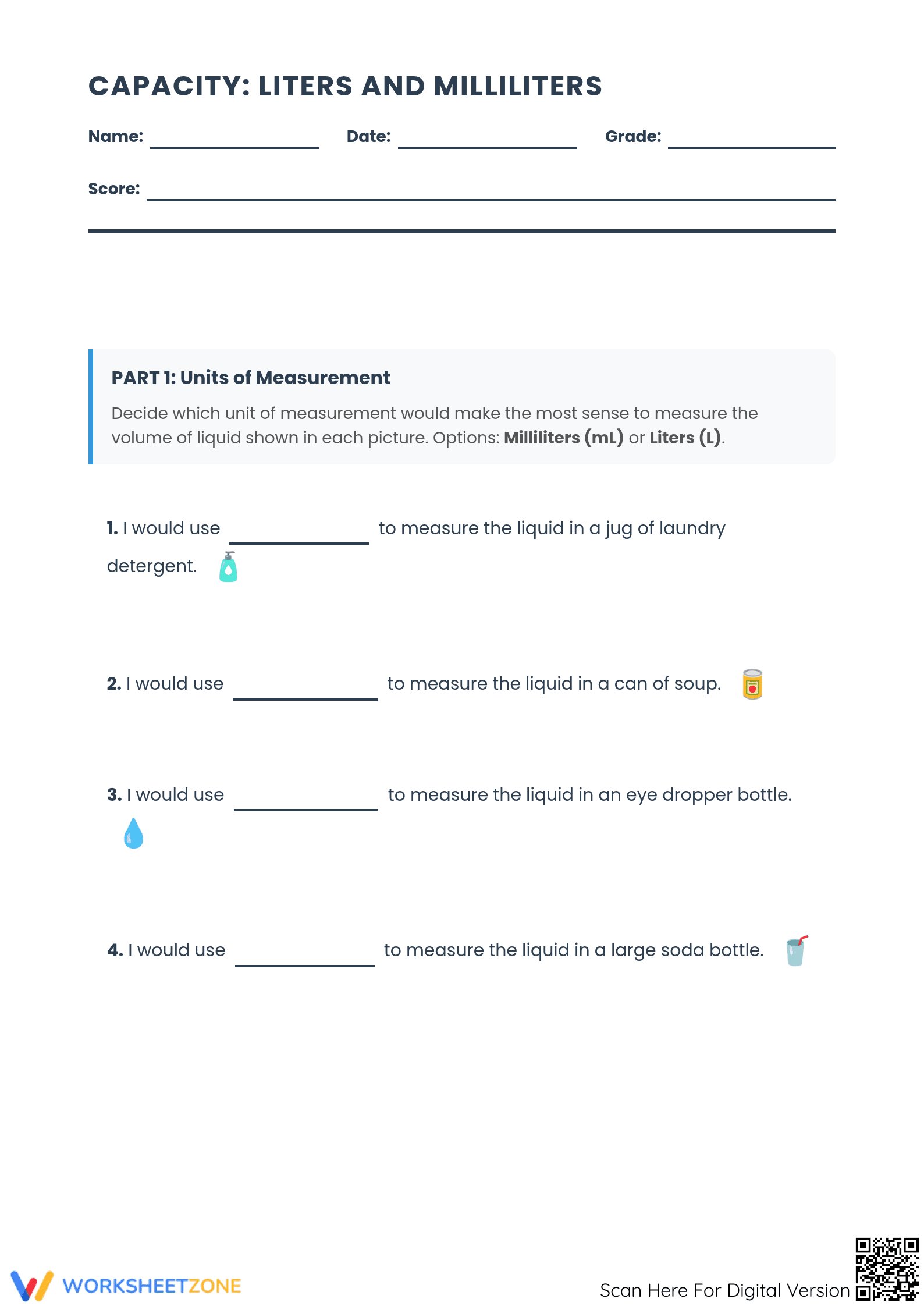 Milliliters vs Liters Worksheet | Essential Grade 4 Math - Page 1