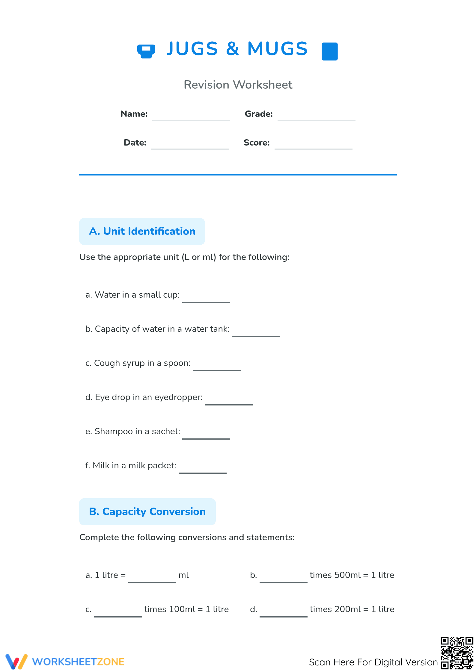 Grade 4 Volume & Capacity — Printable No-Prep Worksheet - Page 1