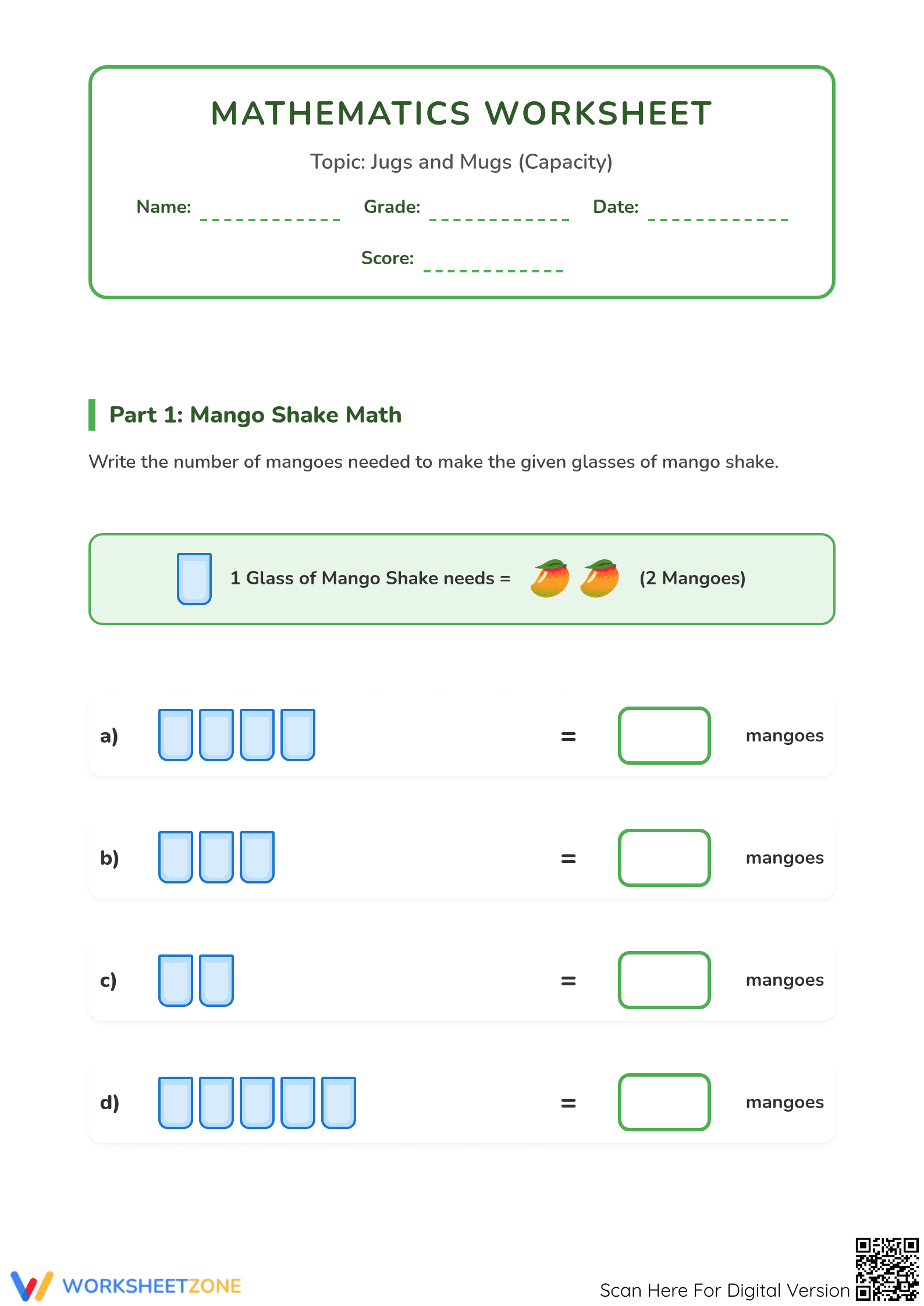 Jugs and Mugs: Essential Capacity Worksheet | Grade 2 - Page 1