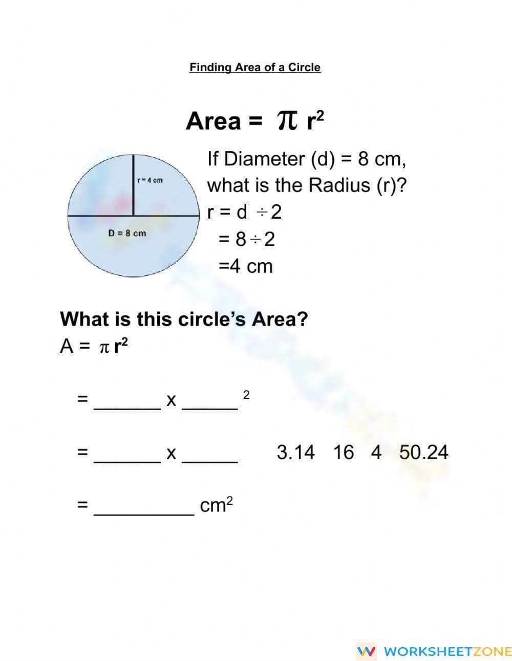 Finding Area of a Circle Practice - Page 1