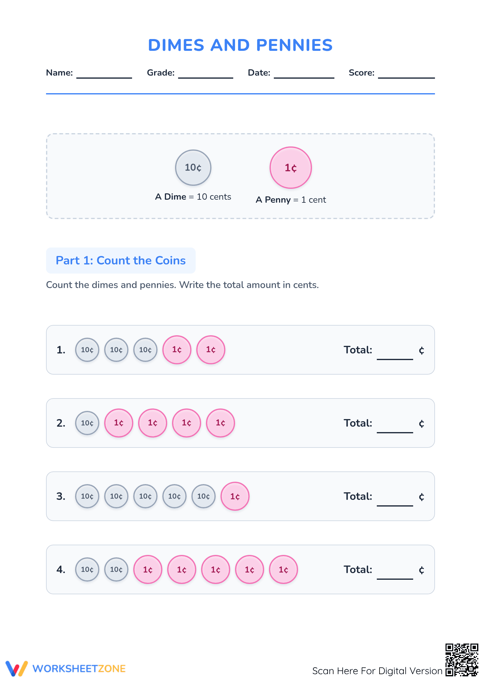 Counting Dimes and Pennies Worksheet | Grade 3 Essential - Page 1
