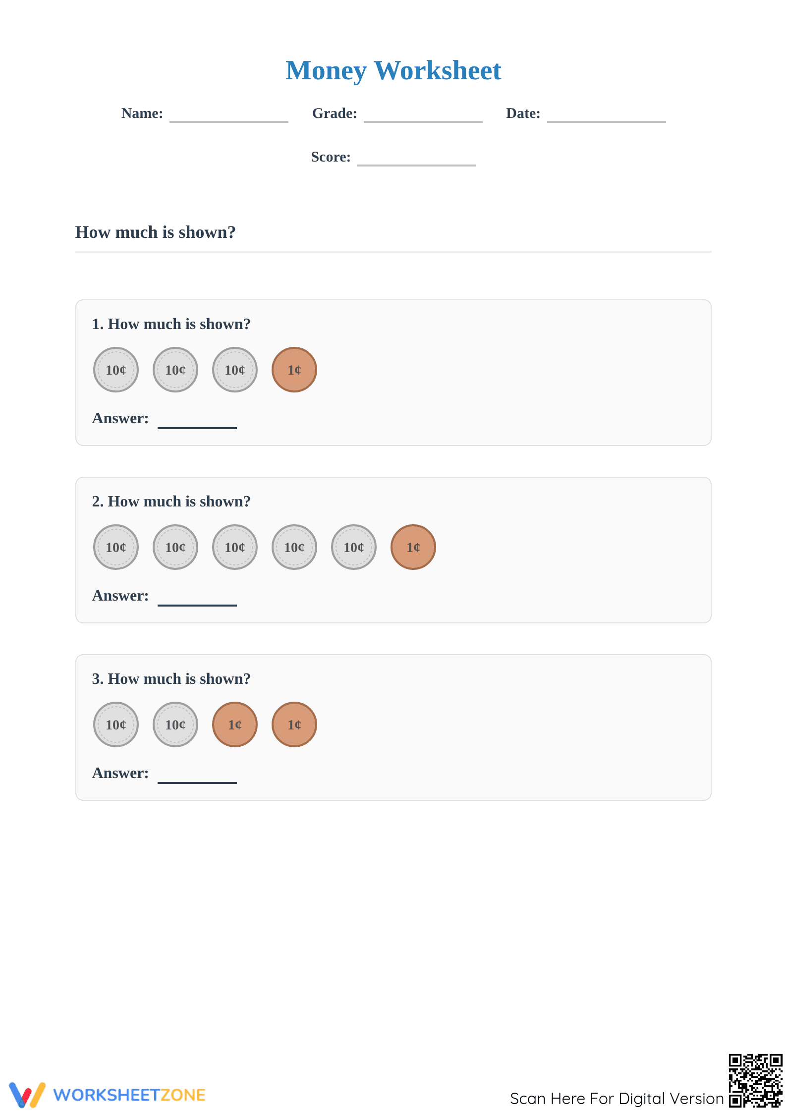 Counting Dimes and Pennies Worksheet | Grade 3 Essential - Page 1